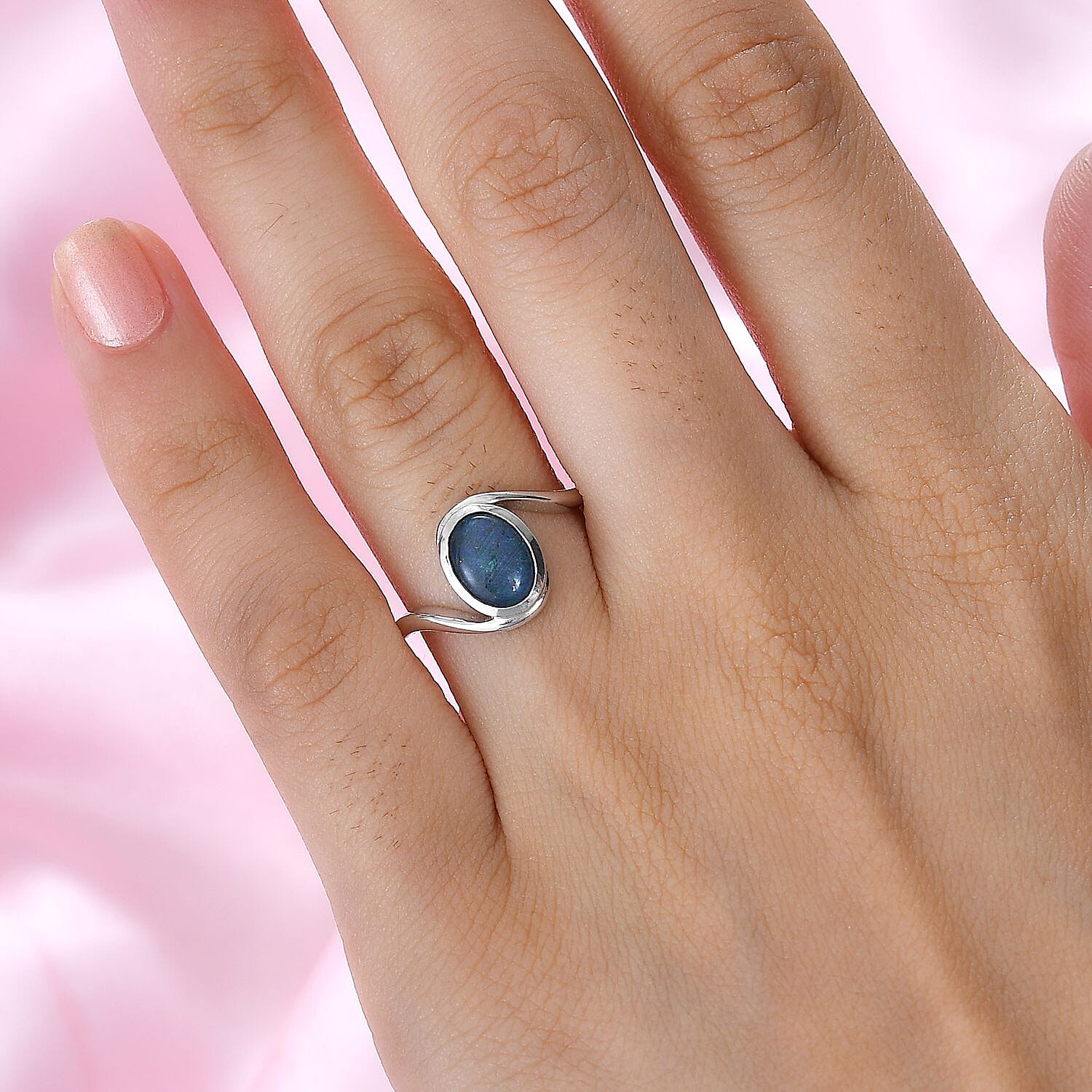 Boulder Opal Triplet Solitaire Ring in Rhodium Overlay Sterling Silver