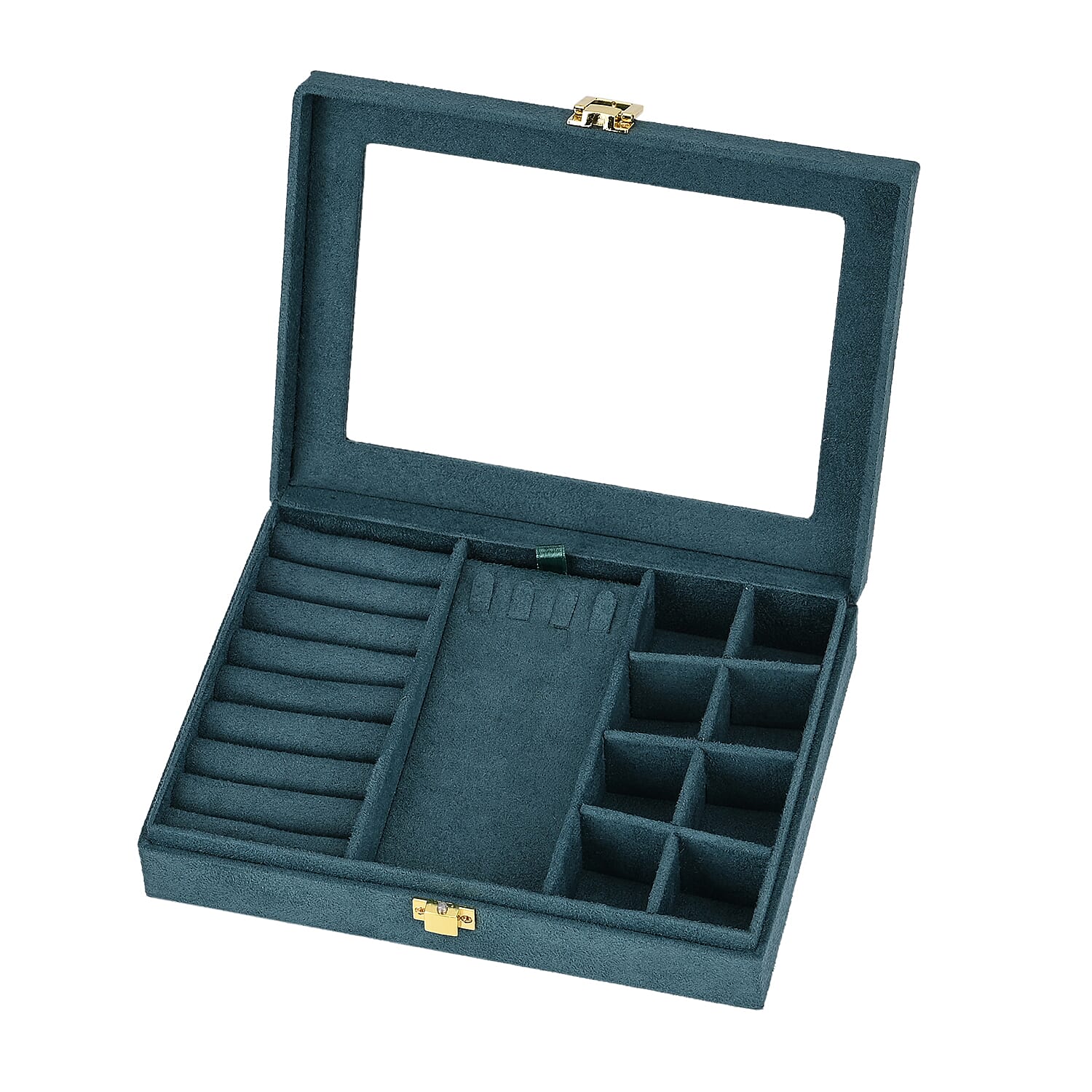 Velvet Jewellery Box With Transparent Window - Features 8 ring slots, 8 small sections, and a removable necklace tray - Green