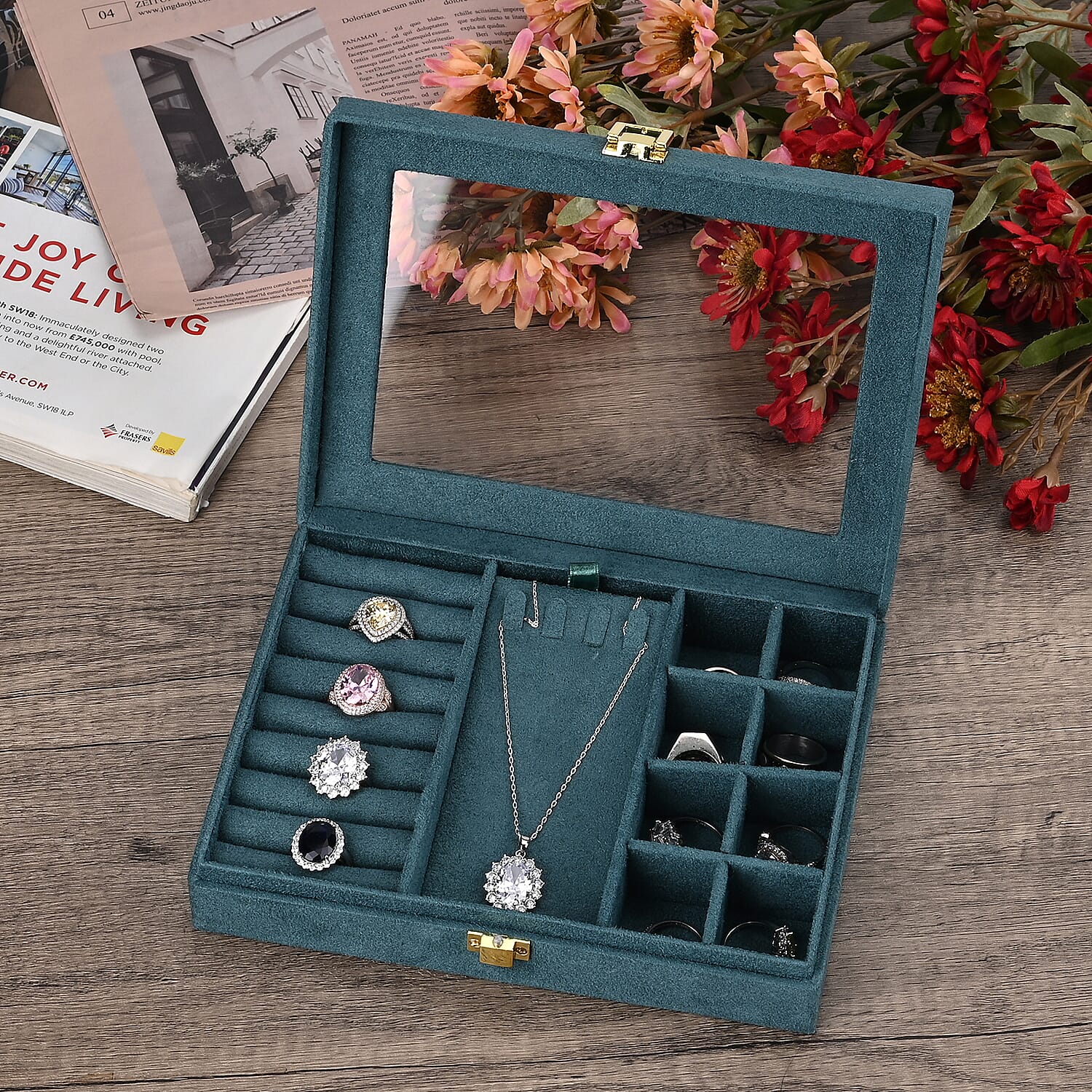 Velvet Jewellery Box With Transparent Window - Features 8 ring slots, 8 small sections, and a removable necklace tray - Green