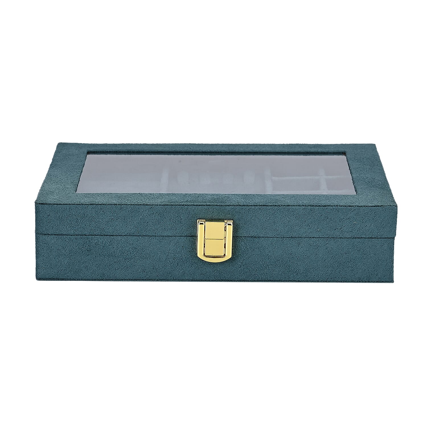 Velvet Jewellery Box With Transparent Window - Features 8 ring slots, 8 small sections, and a removable necklace tray - Green