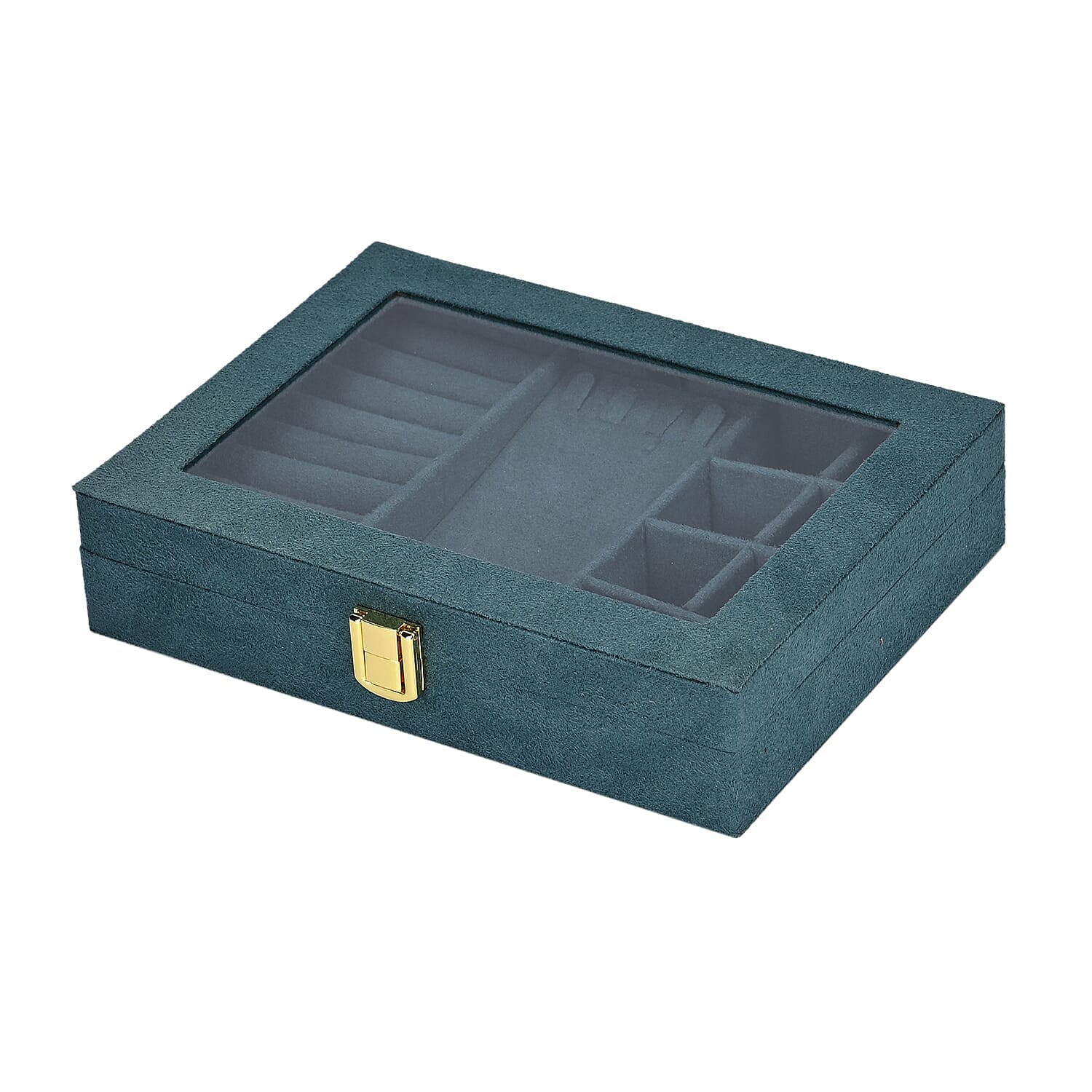 Velvet Jewellery Box With Transparent Window - Features 8 ring slots, 8 small sections, and a removable necklace tray - Green