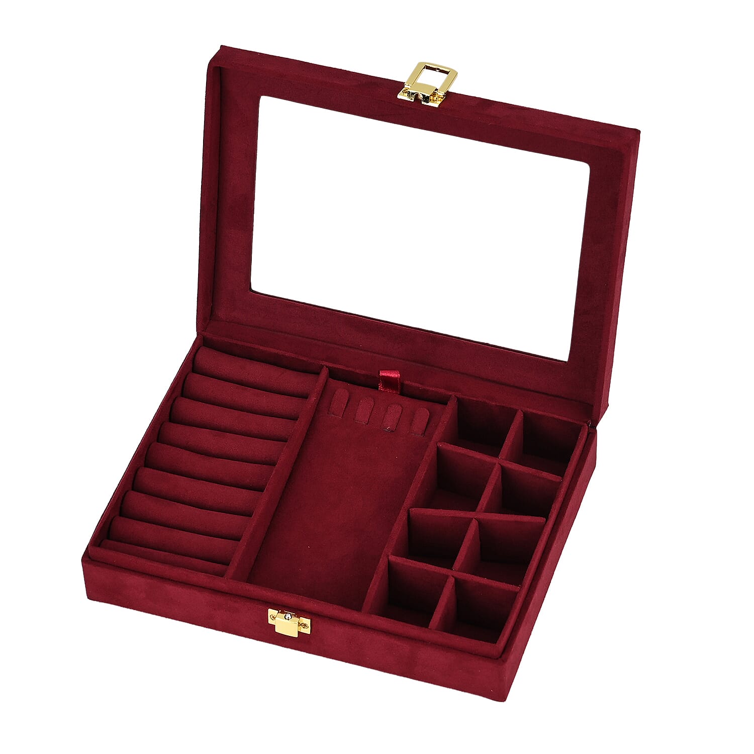 Velvet Jewellery Box With Transparent Window - Features 8 ring slots, 8 small sections, and a removable necklace tray - Burgundy