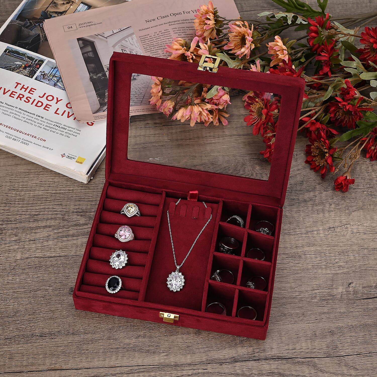 Velvet Jewellery Box With Transparent Window - Features 8 ring slots, 8 small sections, and a removable necklace tray - Burgundy