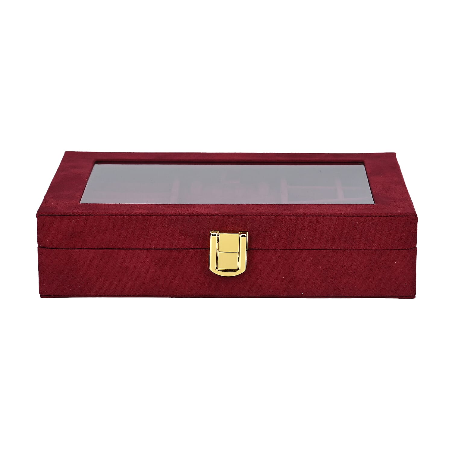 Velvet Jewellery Box With Transparent Window - Features 8 ring slots, 8 small sections, and a removable necklace tray - Burgundy