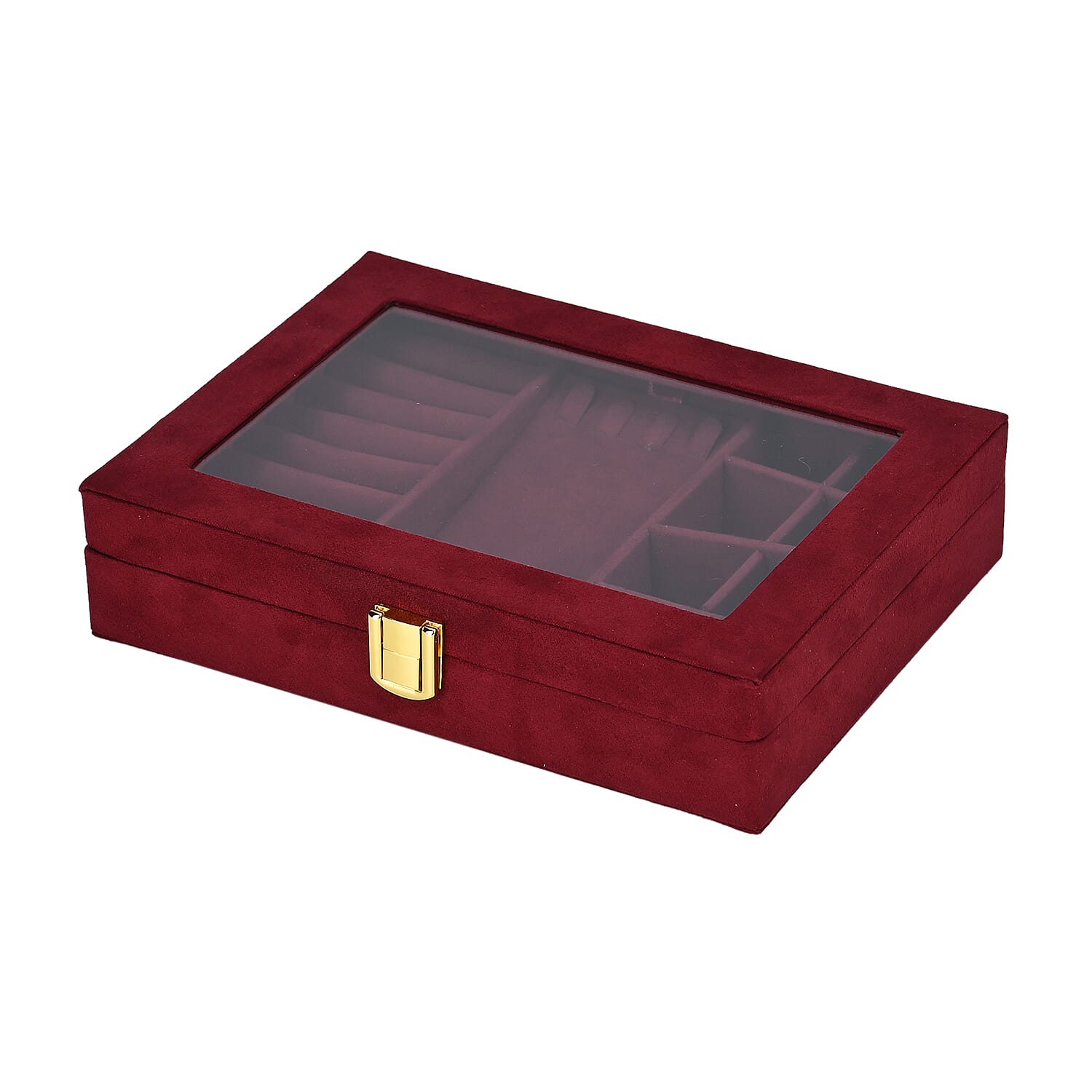 Velvet Jewellery Box With Transparent Window - Features 8 ring slots, 8 small sections, and a removable necklace tray - Burgundy