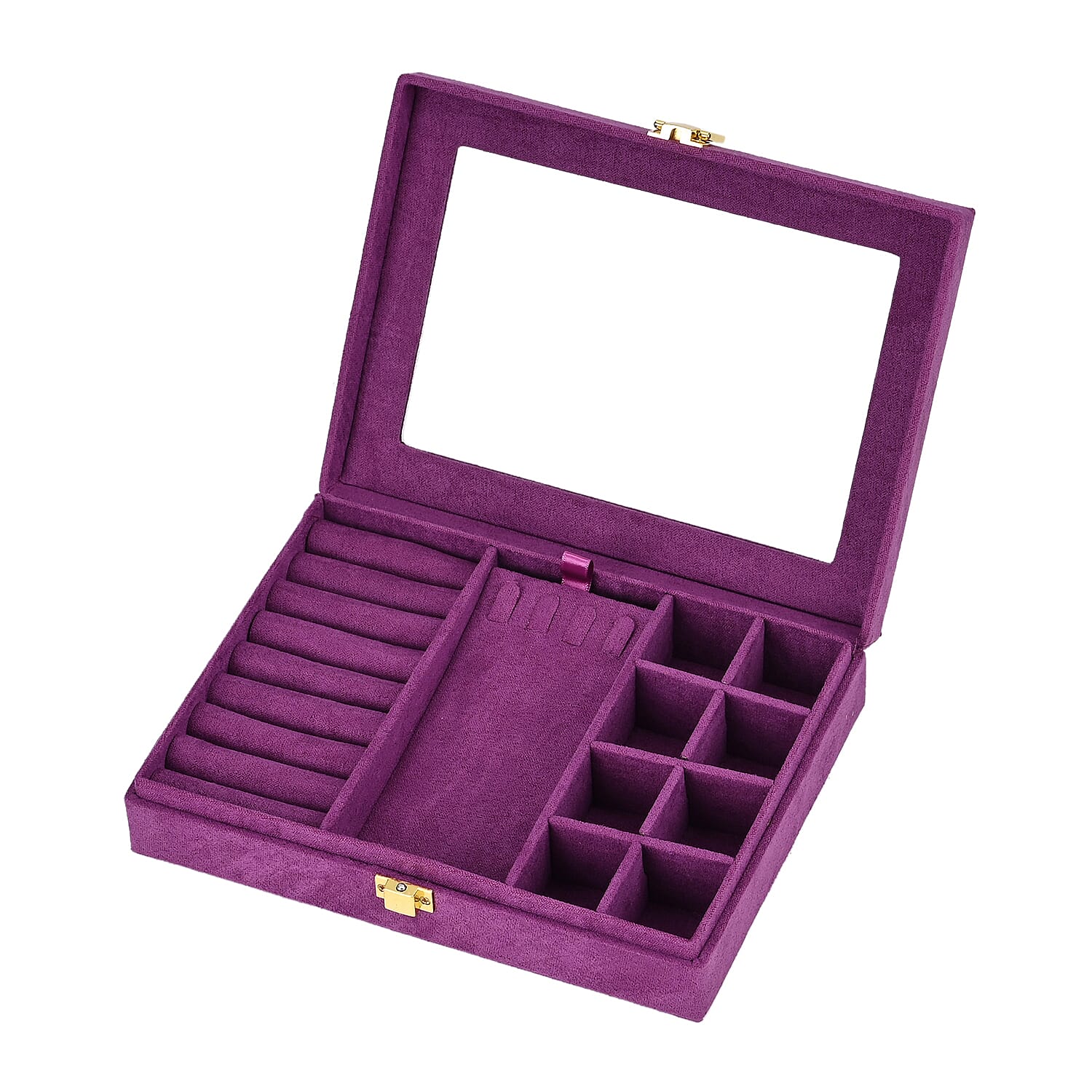 Velvet Jewellery Box With Transparent Window - Features 8 ring slots, 8 small sections, and a removable necklace tray - Purple