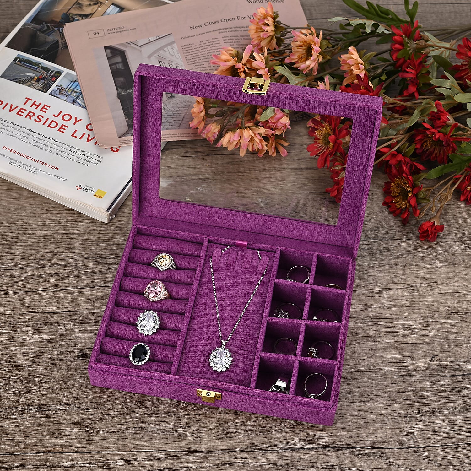 Velvet Jewellery Box With Transparent Window - Features 8 ring slots, 8 small sections, and a removable necklace tray - Purple