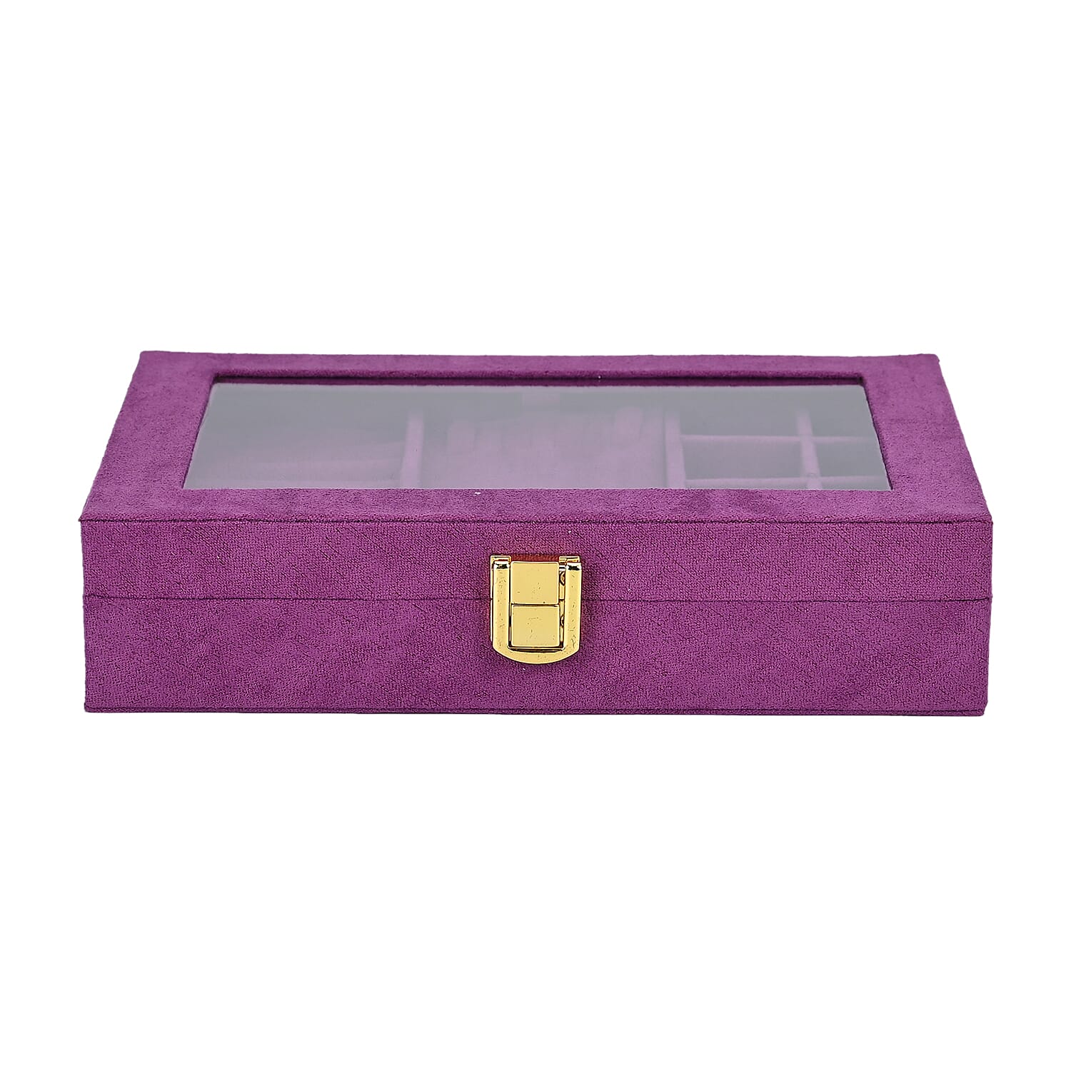 Velvet Jewellery Box With Transparent Window - Features 8 ring slots, 8 small sections, and a removable necklace tray - Purple