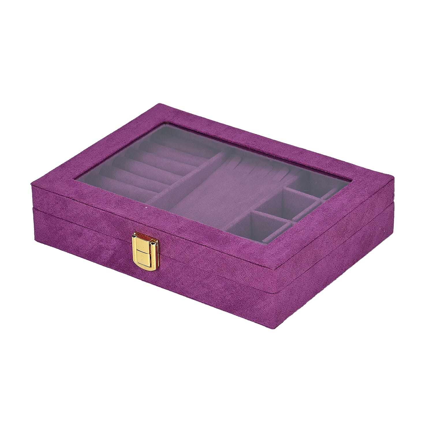 Velvet Jewellery Box With Transparent Window - Features 8 ring slots, 8 small sections, and a removable necklace tray - Purple