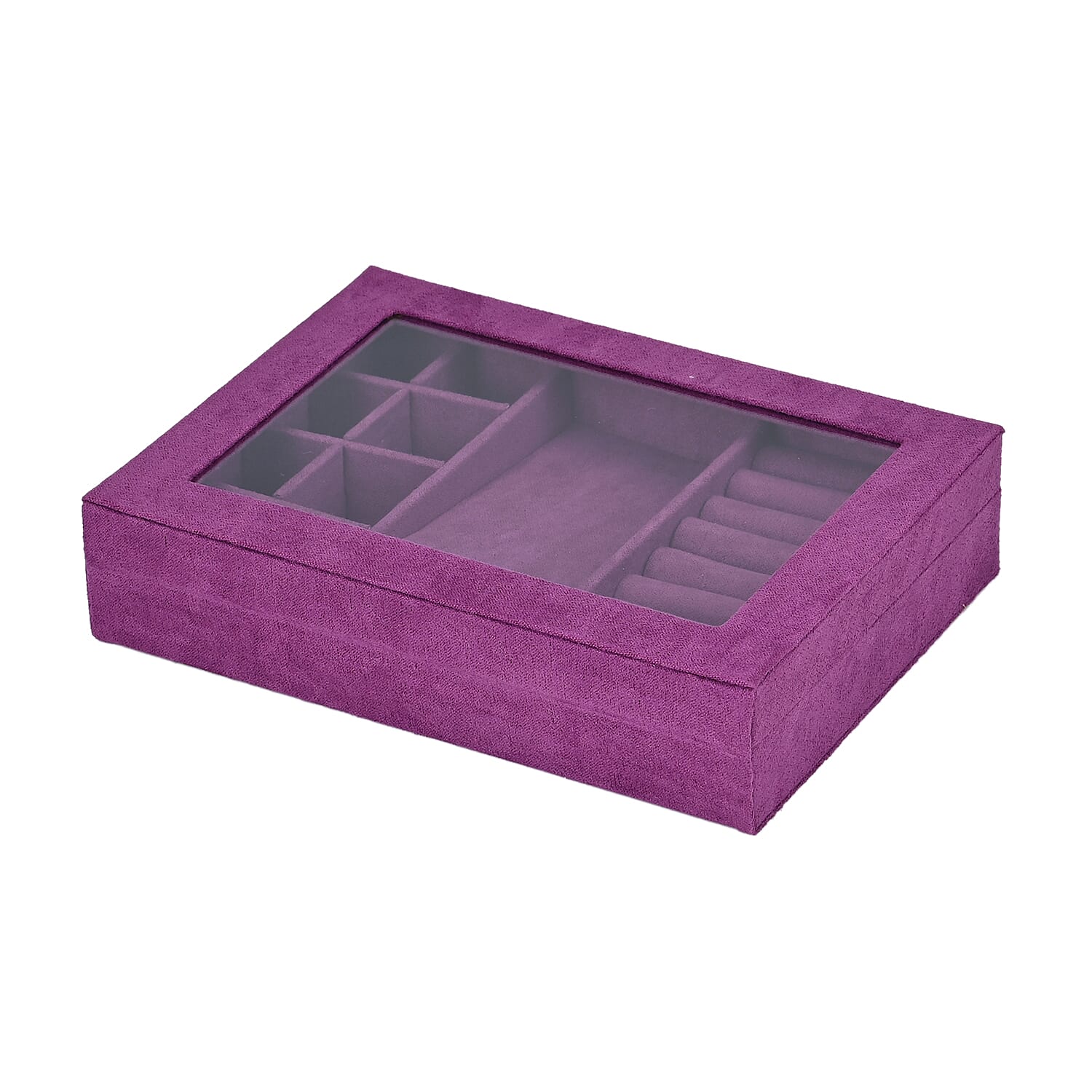 Velvet Jewellery Box With Transparent Window - Features 8 ring slots, 8 small sections, and a removable necklace tray - Purple