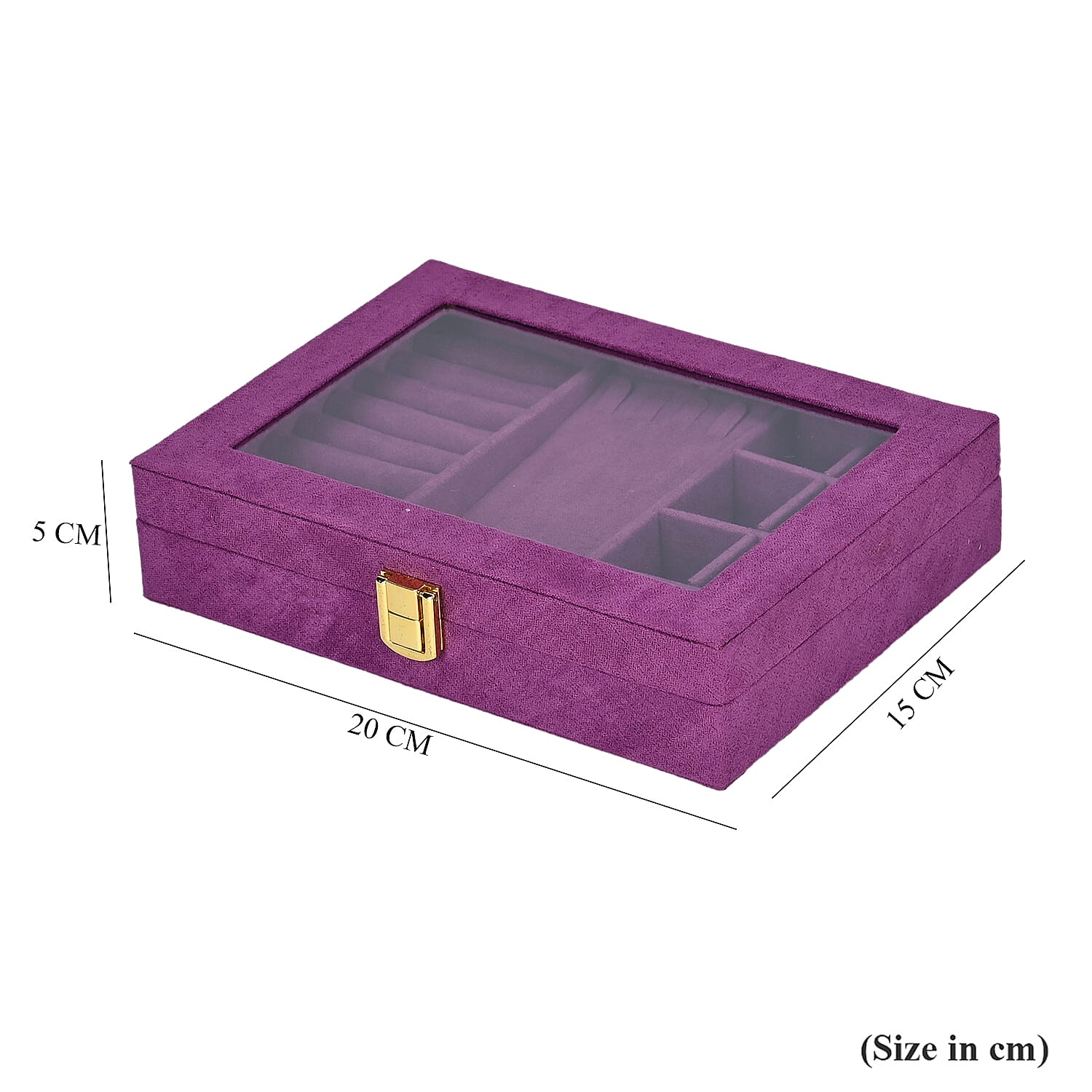 Velvet Jewellery Box With Transparent Window - Features 8 ring slots, 8 small sections, and a removable necklace tray - Purple