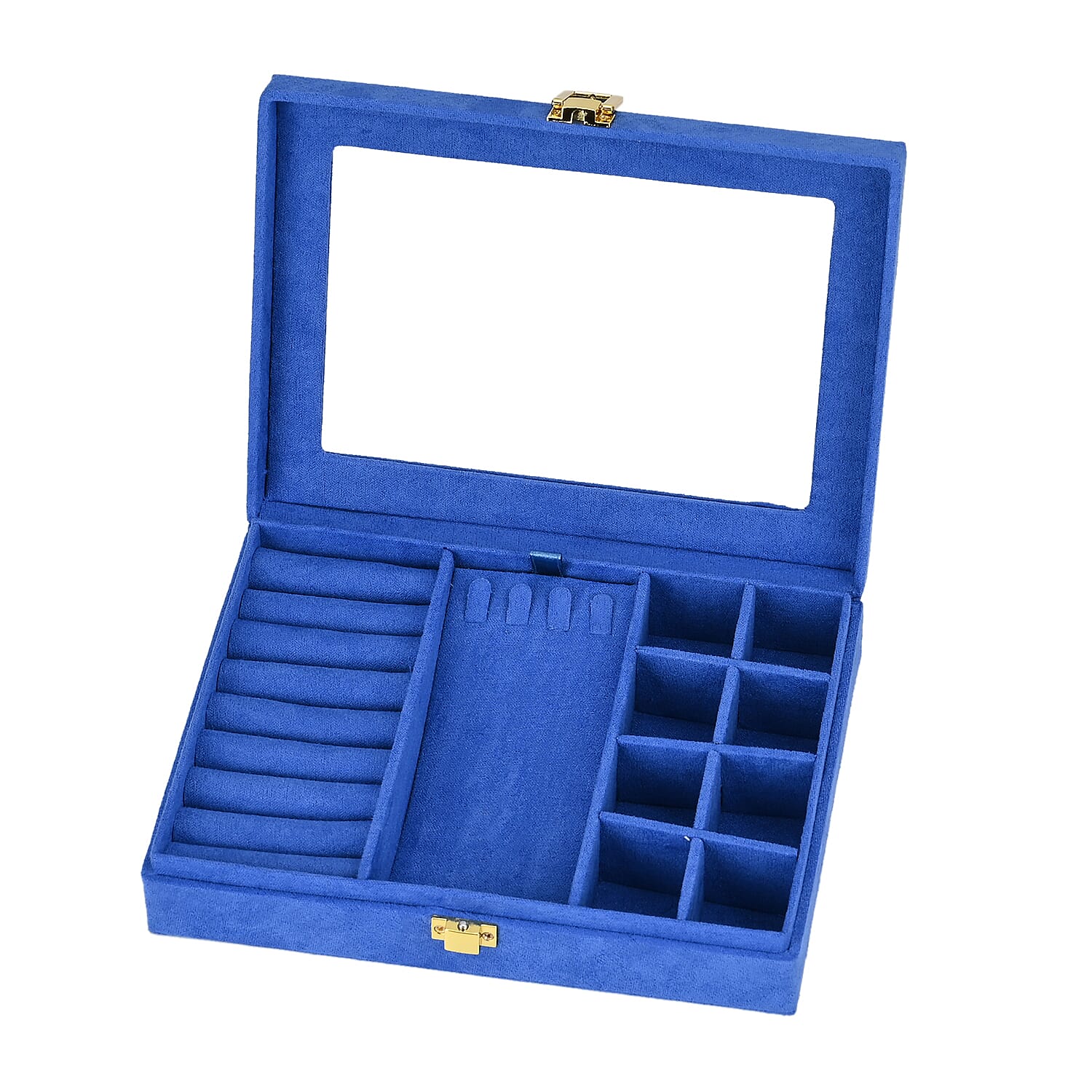 Velvet Jewellery Box With Transparent Window - Features 8 ring slots, 8 small sections, and a removable necklace tray - Royal Blue