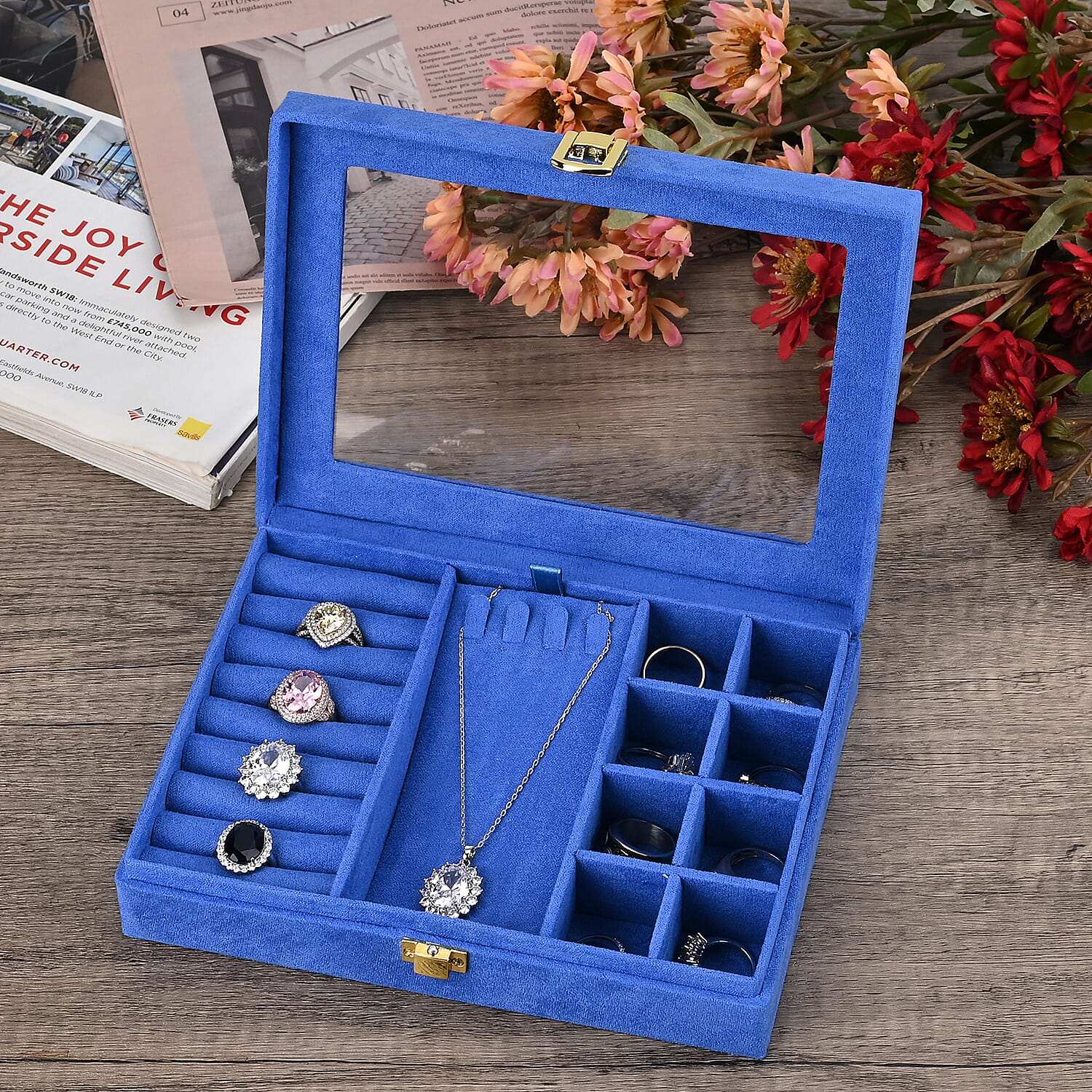 Velvet Jewellery Box With Transparent Window - Features 8 ring slots, 8 small sections, and a removable necklace tray - Royal Blue