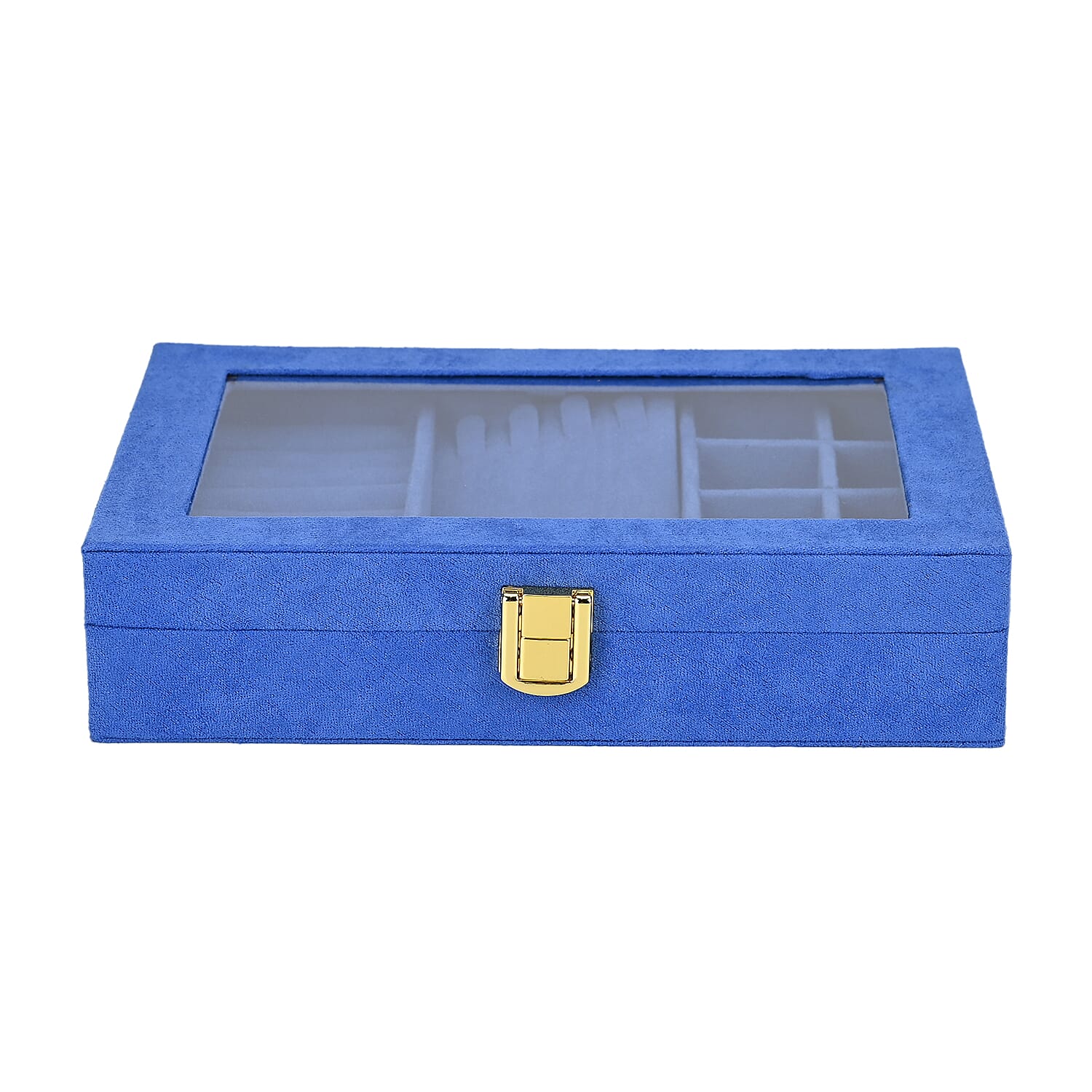 Velvet Jewellery Box With Transparent Window - Features 8 ring slots, 8 small sections, and a removable necklace tray - Royal Blue