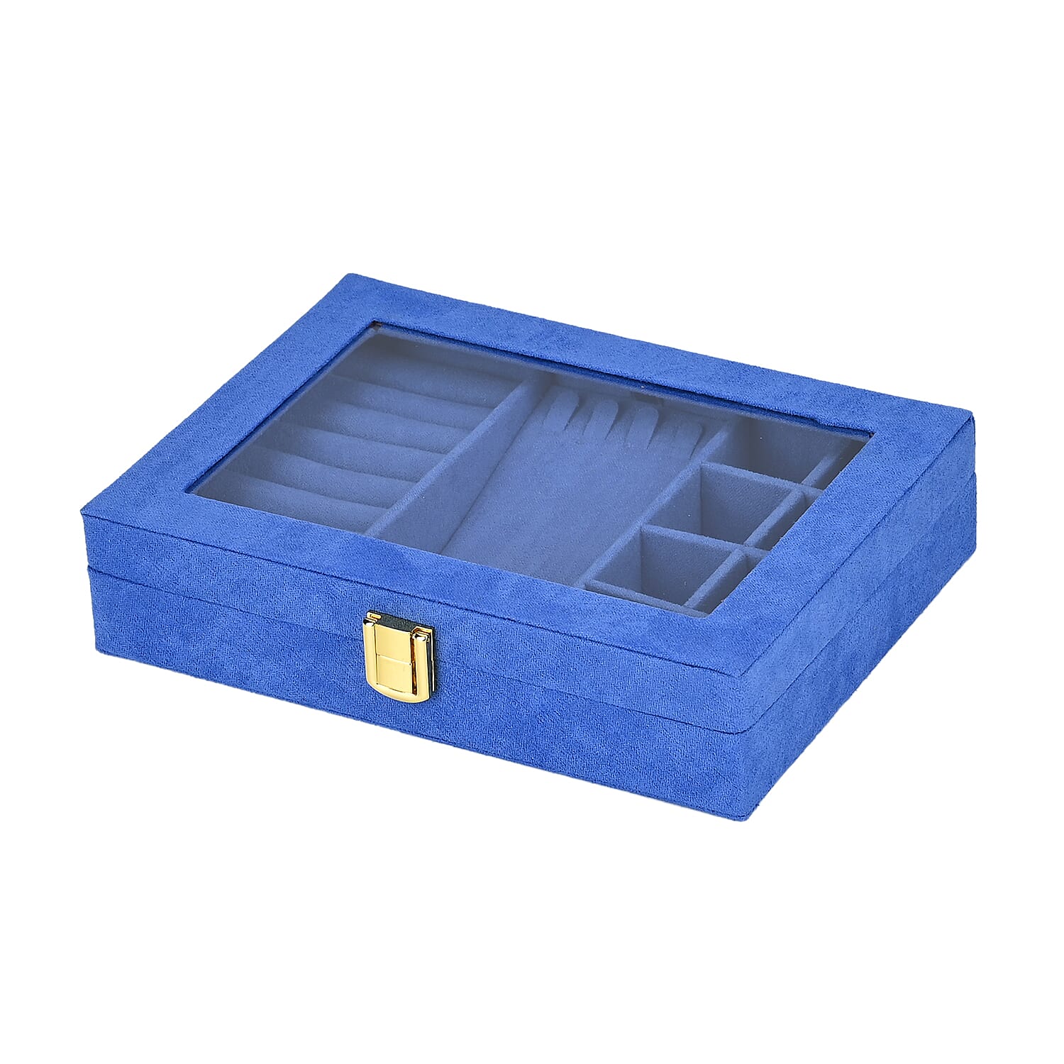 Velvet Jewellery Box With Transparent Window - Features 8 ring slots, 8 small sections, and a removable necklace tray - Royal Blue