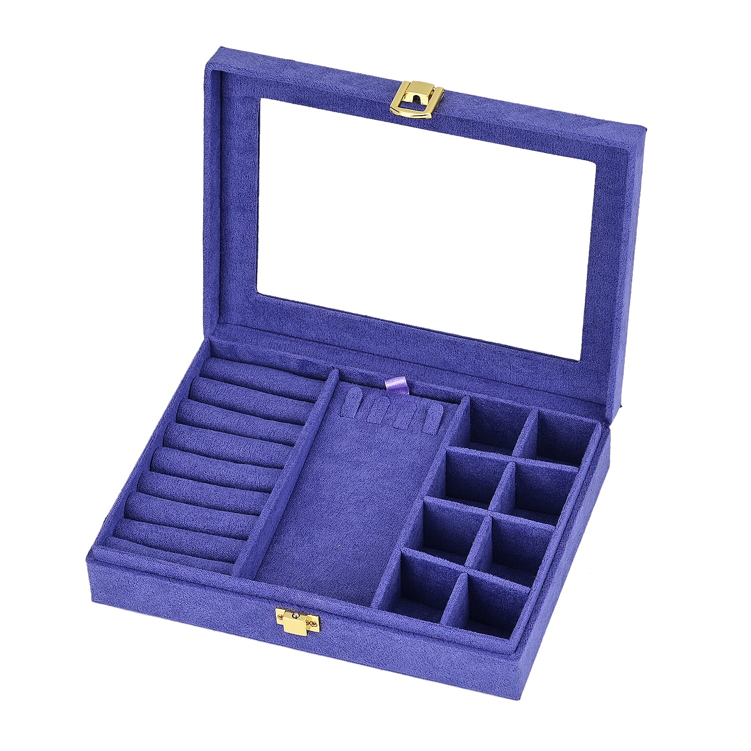 Velvet Jewellery Box With Transparent Window - Features 8 ring slots, 8 small sections, and a removable necklace tray - Tanzanite Blue