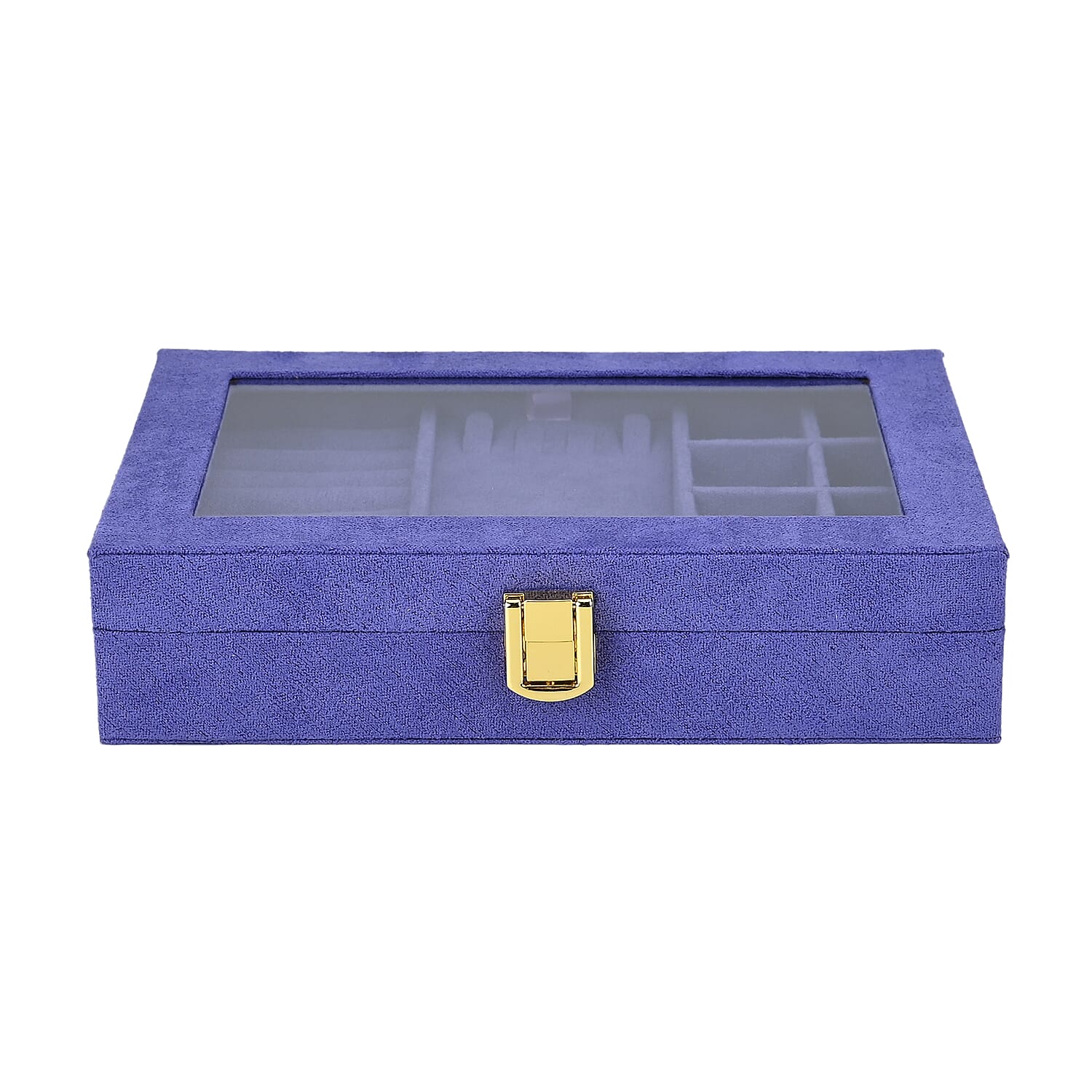 Velvet Jewellery Box With Transparent Window - Features 8 ring slots, 8 small sections, and a removable necklace tray - Tanzanite Blue