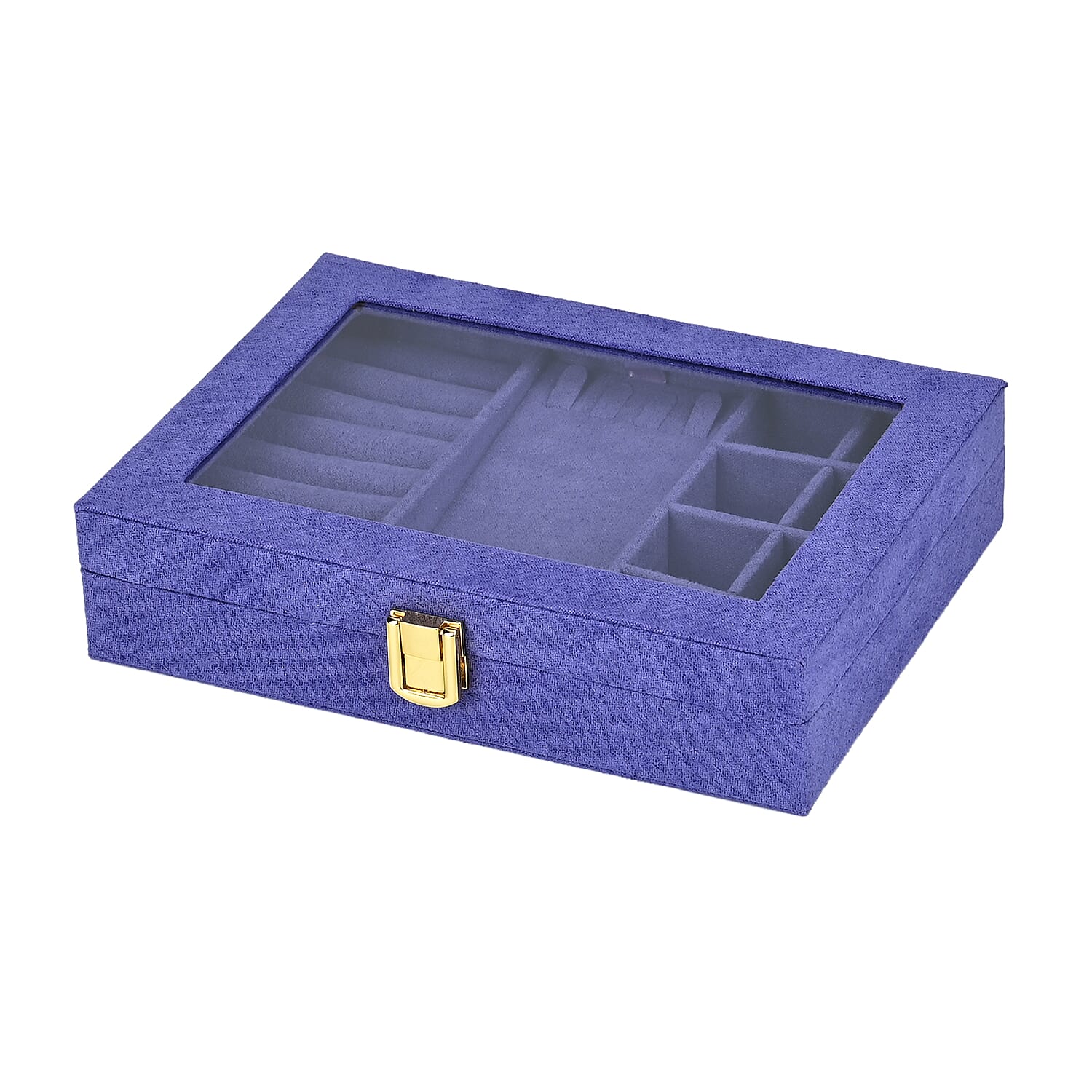 Velvet Jewellery Box With Transparent Window - Features 8 ring slots, 8 small sections, and a removable necklace tray - Tanzanite Blue