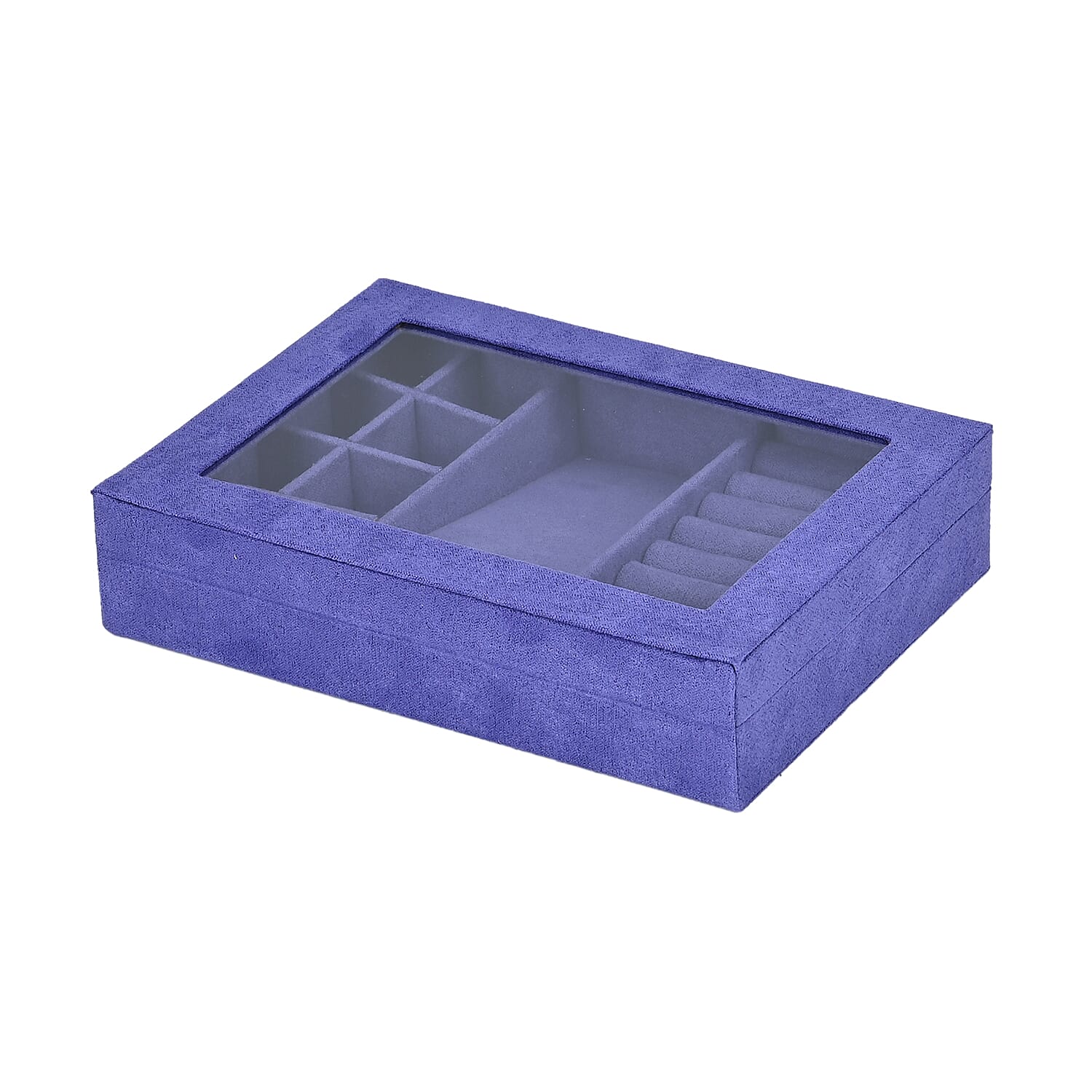 Velvet Jewellery Box With Transparent Window - Features 8 ring slots, 8 small sections, and a removable necklace tray - Tanzanite Blue