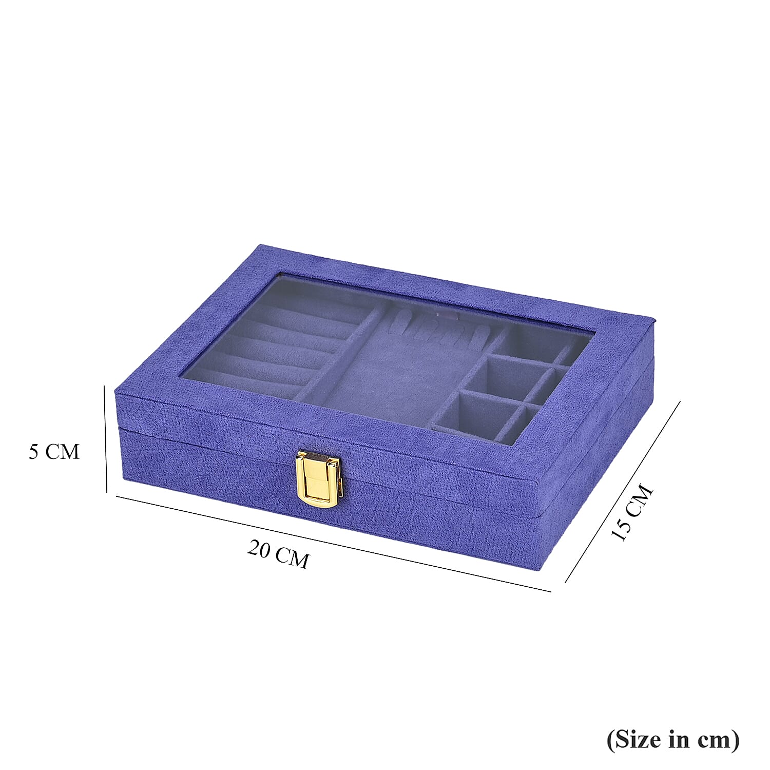 Velvet Jewellery Box With Transparent Window - Features 8 ring slots, 8 small sections, and a removable necklace tray - Tanzanite Blue