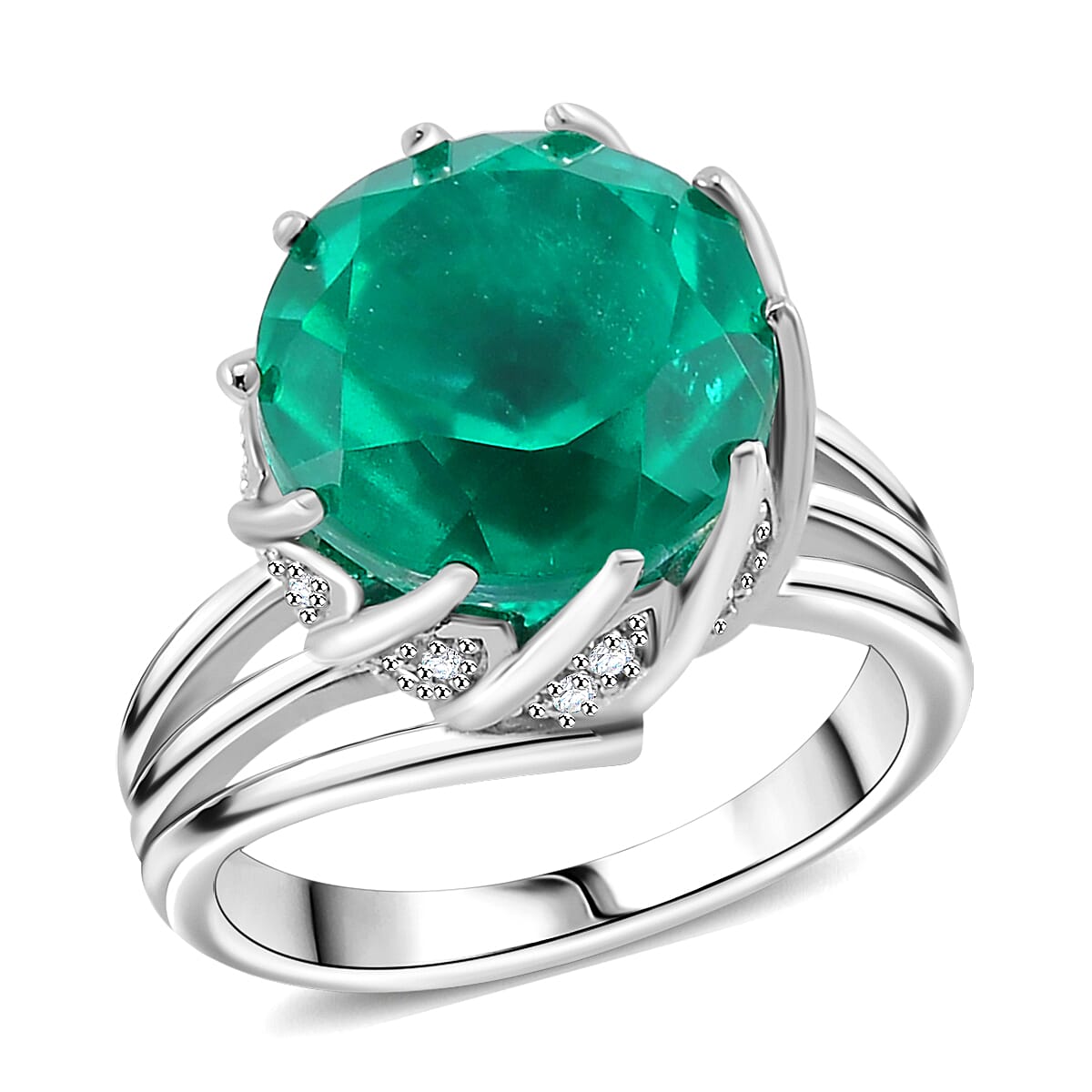 Emeraldine Quartz and White Zircon Floral Bud Ring in Rhodium Overlay Sterling Silver 9.30 Ct.