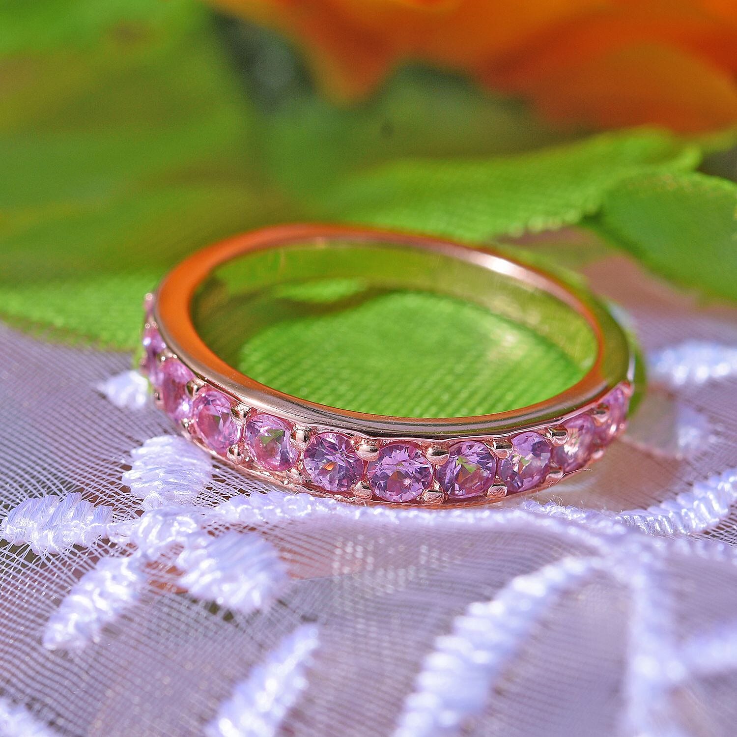 Pink Sapphire Eternity Band Ring in 18K Vermeil RG Plated Sterling Silver