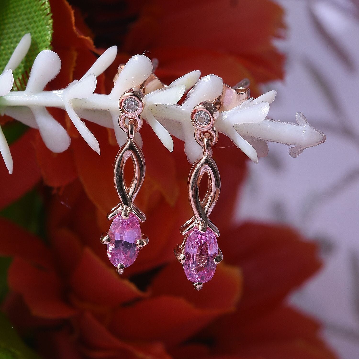 Madagascar Pink Sapphire & Natural Zircon Dangle Earrings in 18K Vermeil RG Sterling Silver