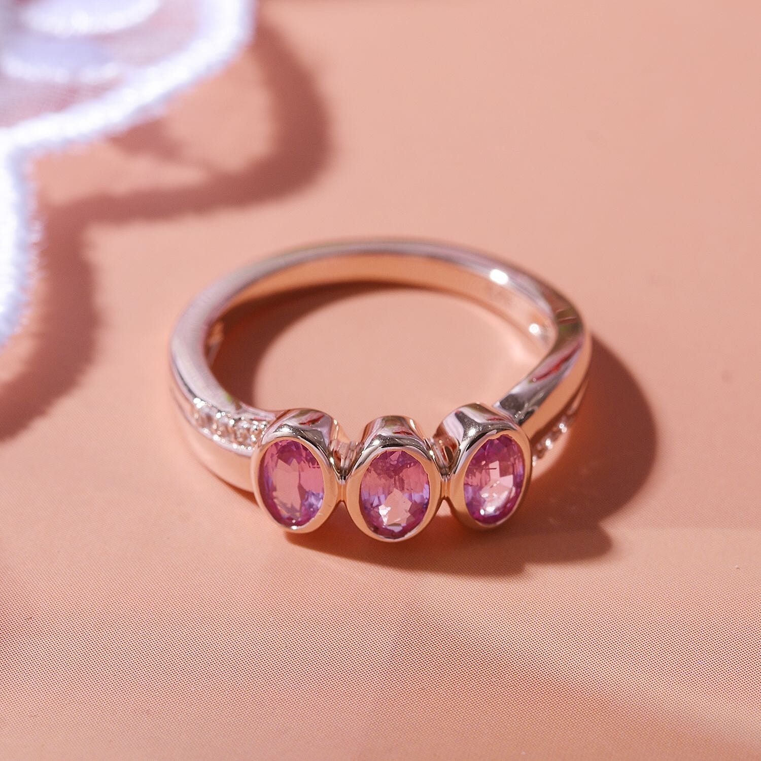 Pink Sapphire & Natural Zircon Ring in 18K Vermeil RG Plated Sterling Silver