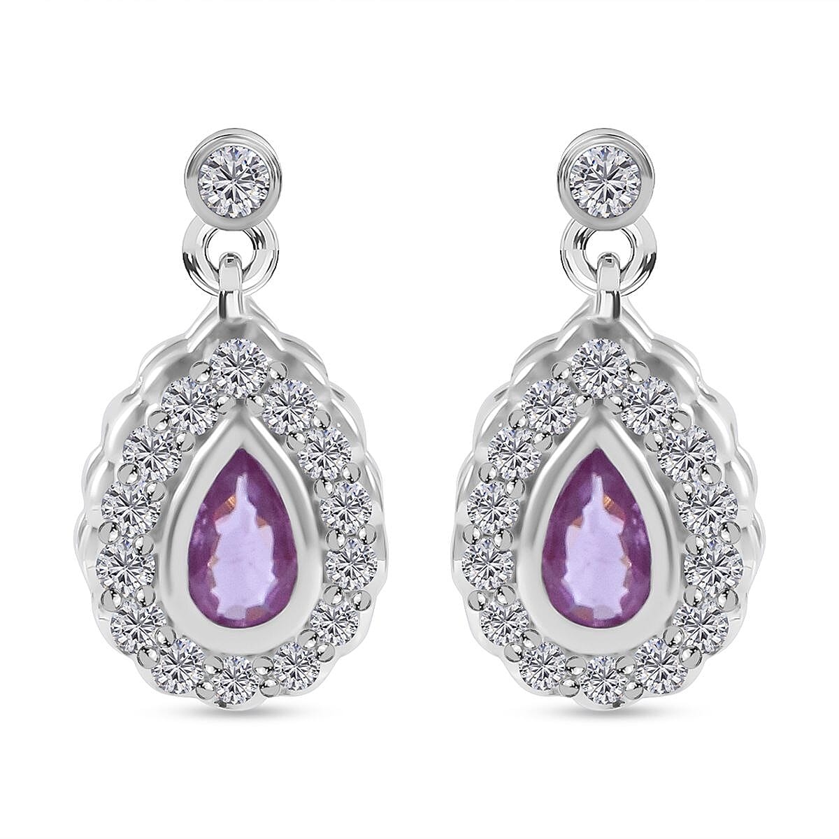 Madagascar Pink Sapphire & Natural Zircon Dangle Earrings in Rhodium Overlay Sterling Silver 1.08 Ct