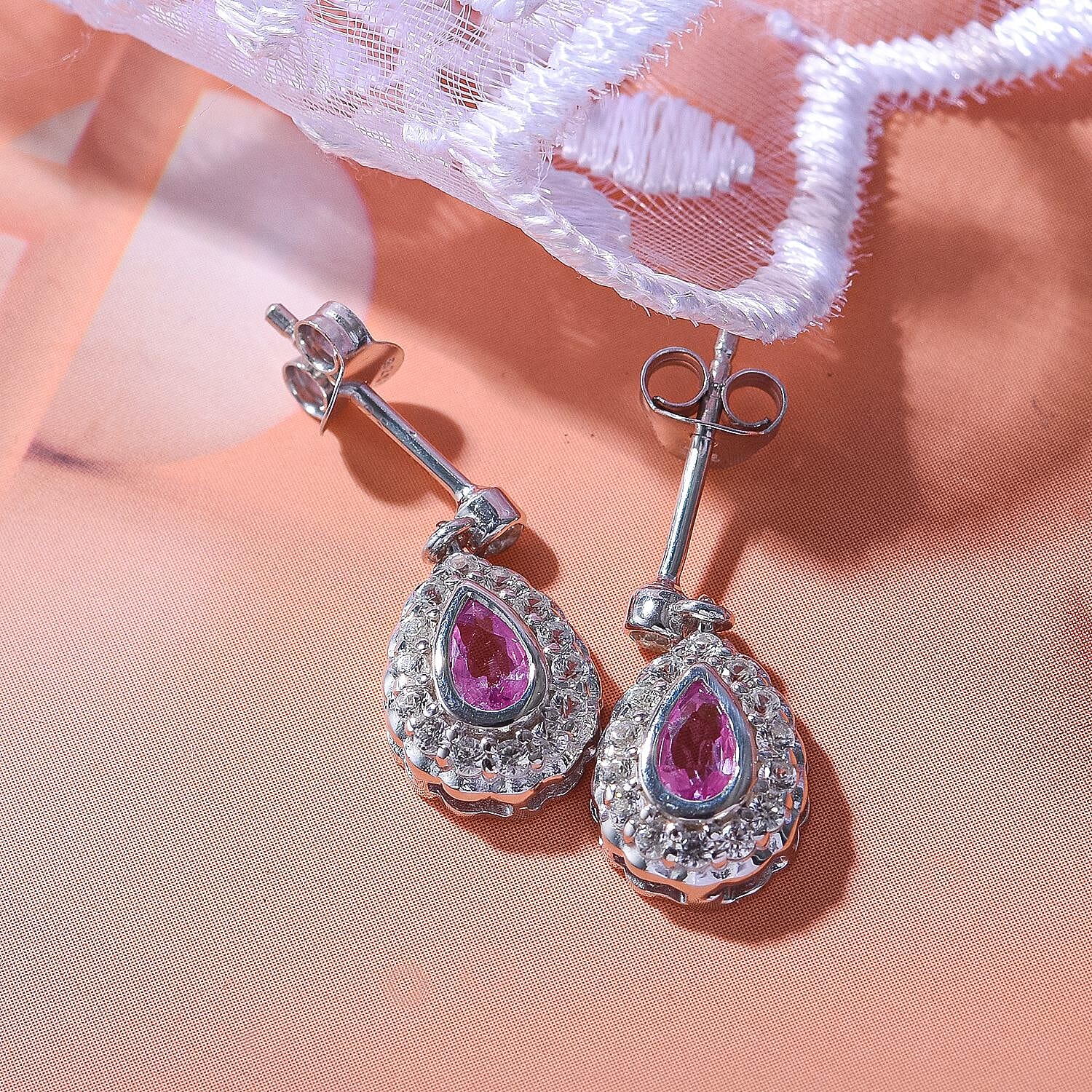 Madagascar Pink Sapphire & Natural Zircon Dangle Earrings in Rhodium Overlay Sterling Silver 1.08 Ct