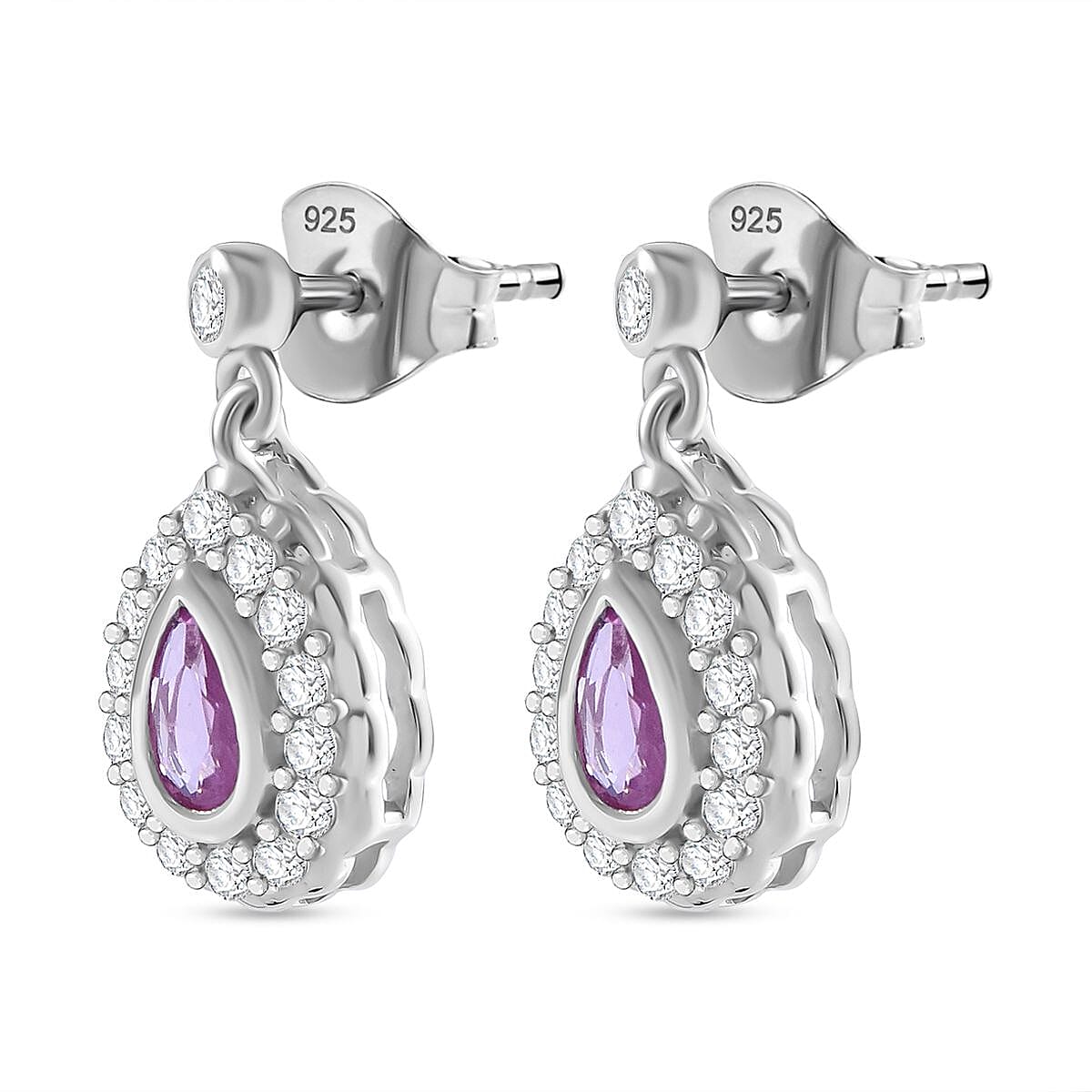 Madagascar Pink Sapphire & Natural Zircon Dangle Earrings in Rhodium Overlay Sterling Silver 1.08 Ct