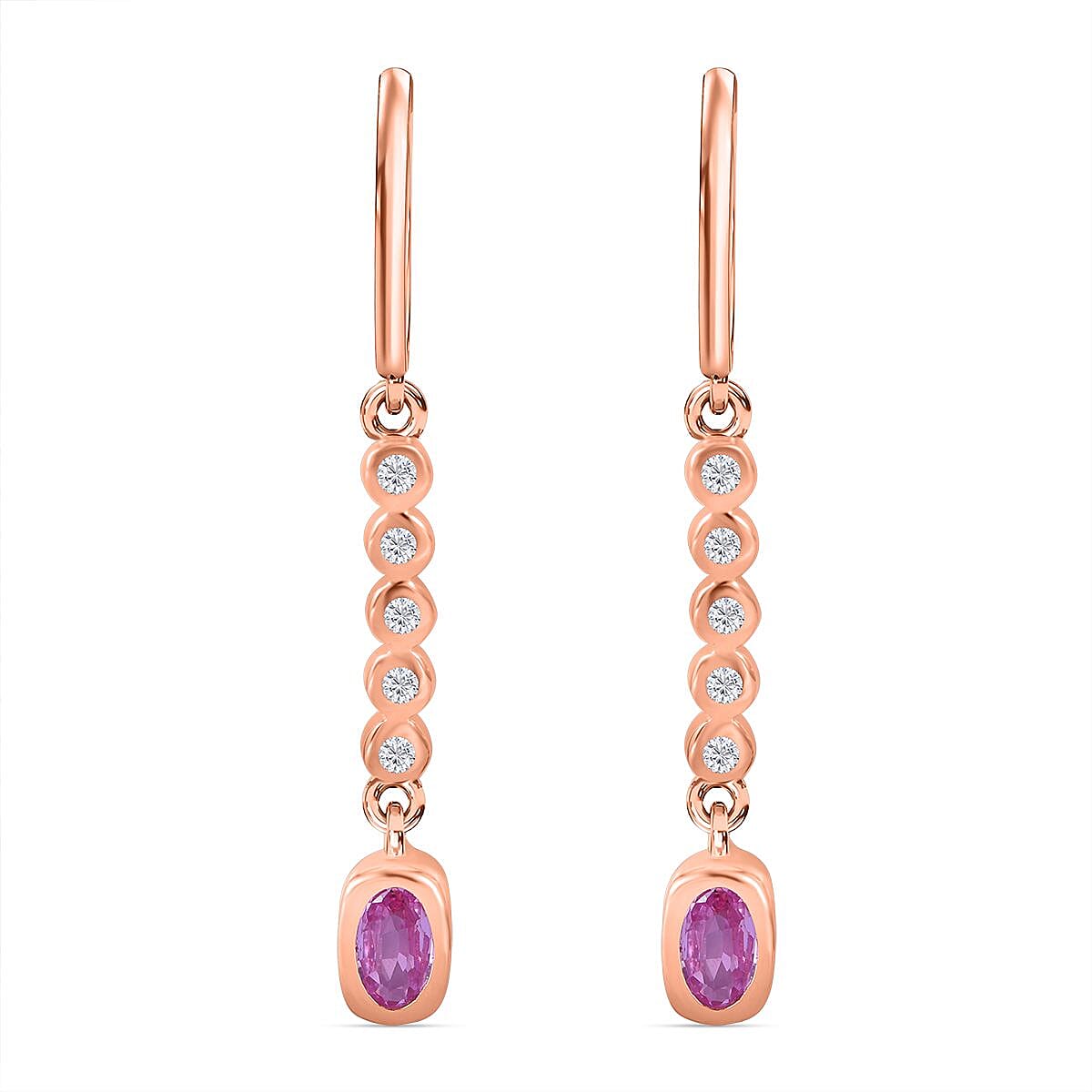 Madagascar Pink Sapphire & Natural Zircon Dangle Earrings in 18K Vermeil RG Plated Sterling Silver
