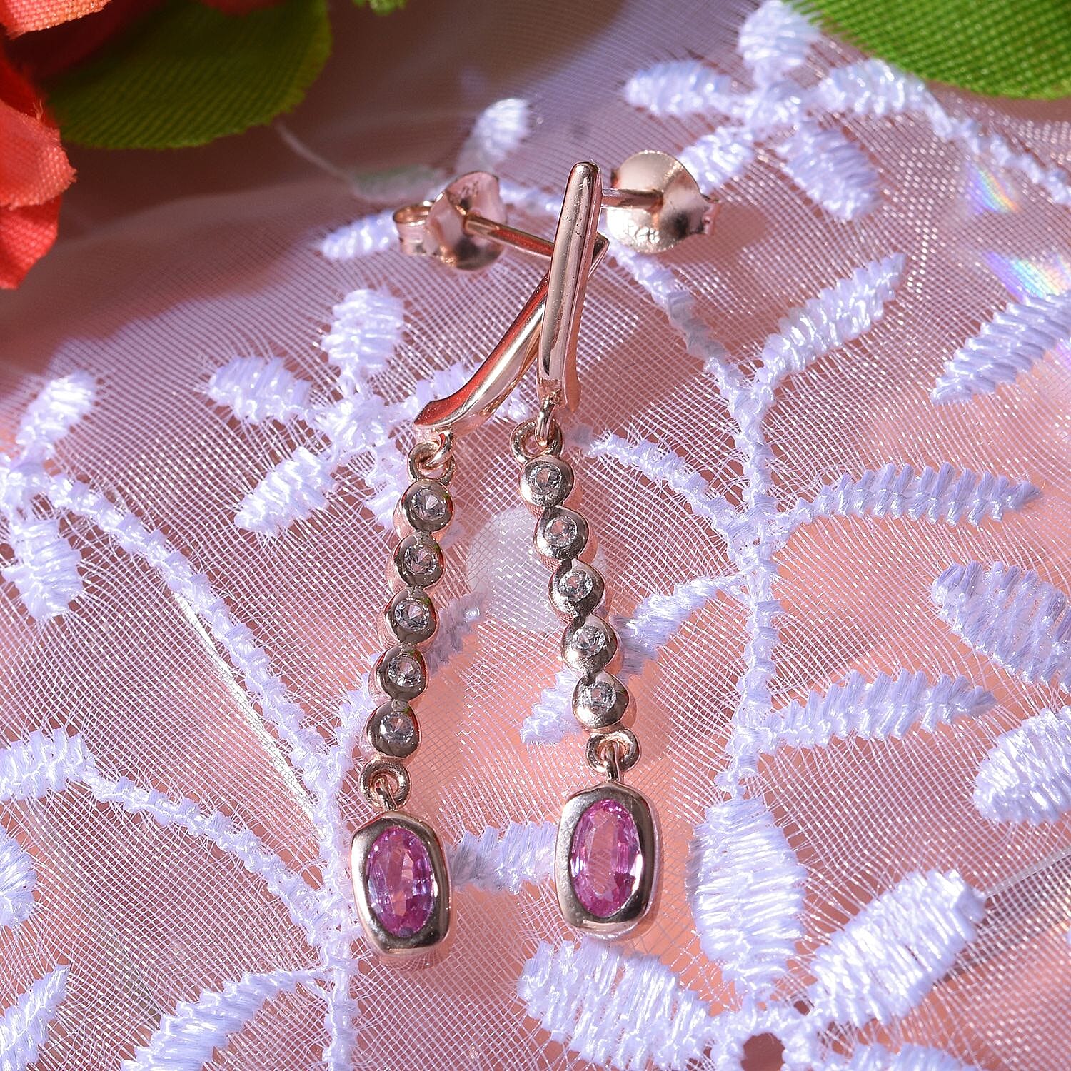 Madagascar Pink Sapphire & Natural Zircon Dangle Earrings in 18K Vermeil RG Plated Sterling Silver