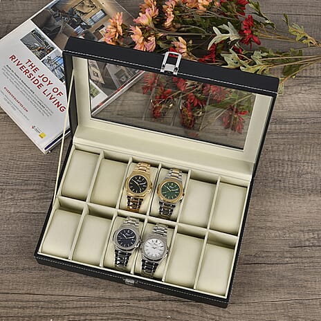 Luxury Watch Display Box with 12 Velvet Watch Cushions With Transparent Window (Size 30x20x8 cm) - Black