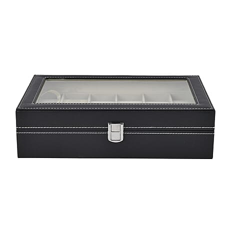 Luxury Watch Display Box with 12 Velvet Watch Cushions With Transparent Window (Size 30x20x8 cm) - Black