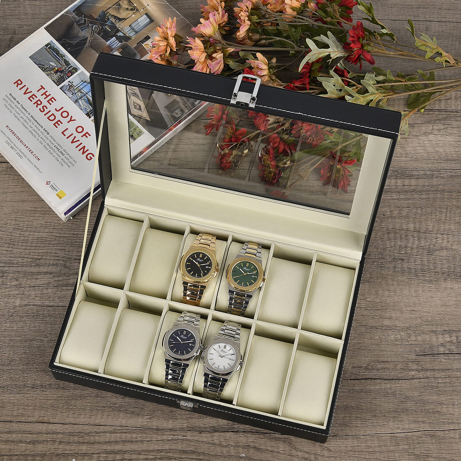 Luxury Watch Display Box with 12 Velvet Watch Cushions With Tansparent Window - Black