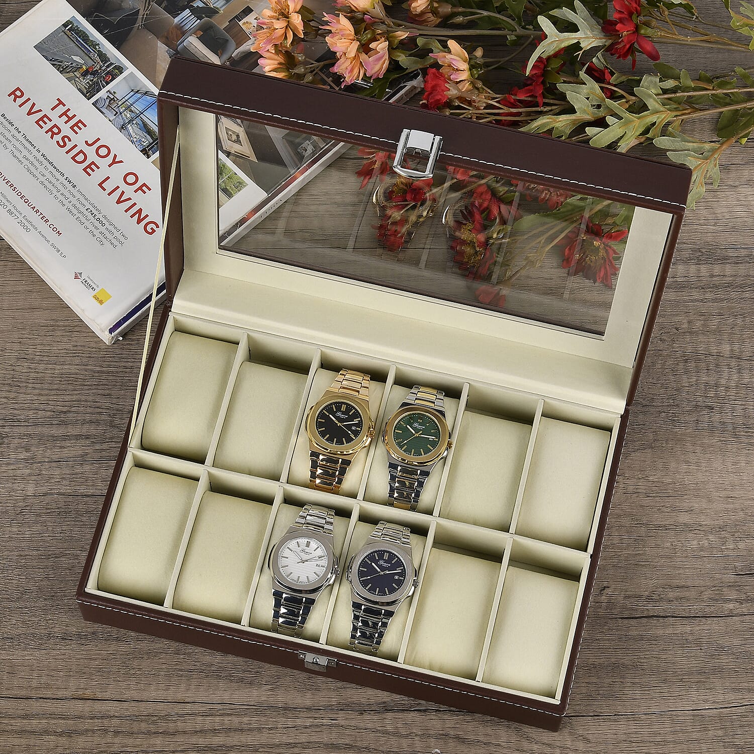 Luxury Watch Display Box With 12 Velvet Watch Cushions With Tansparent Window - Brown