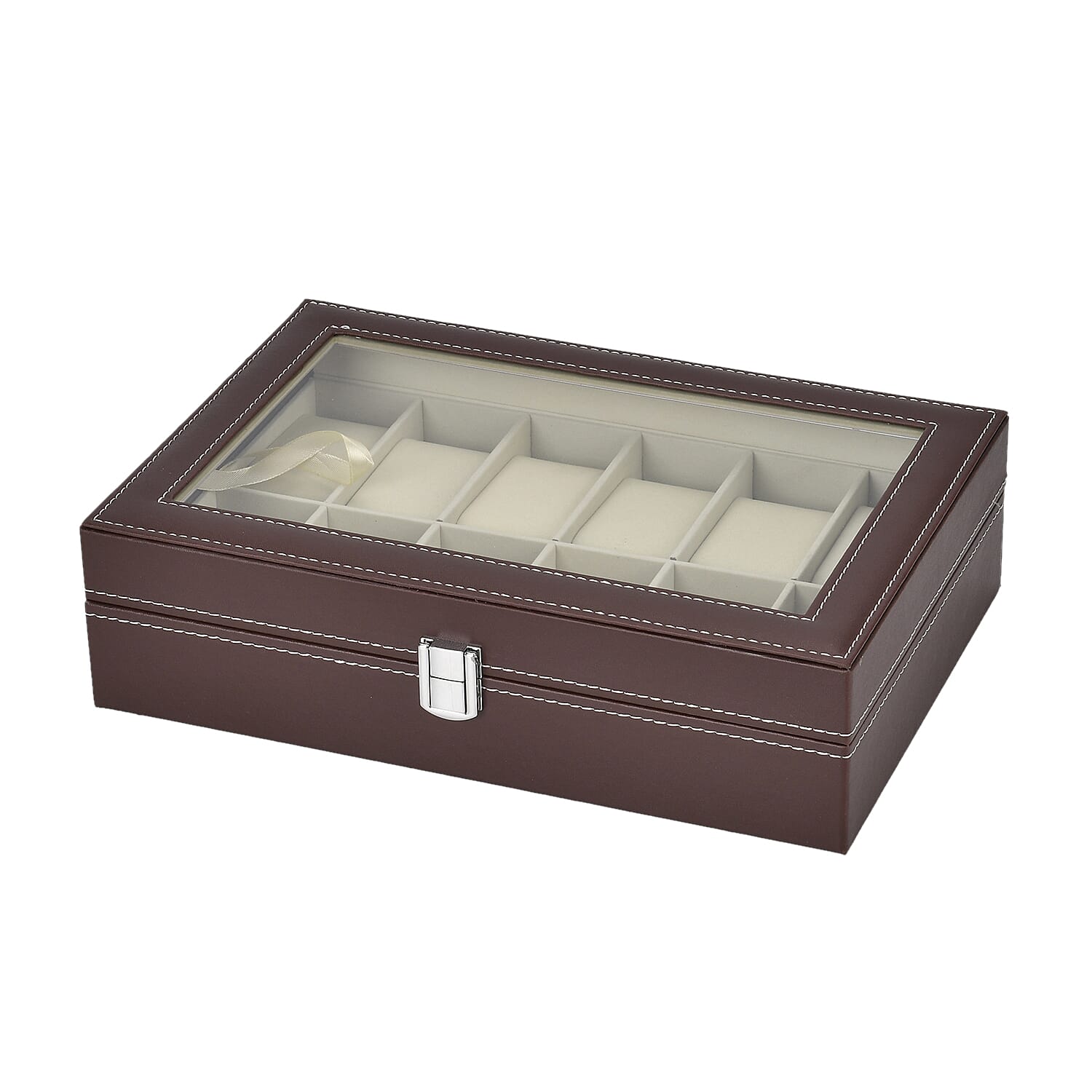 Luxury Watch Display Box With 12 Velvet Watch Cushions With Tansparent Window - Brown