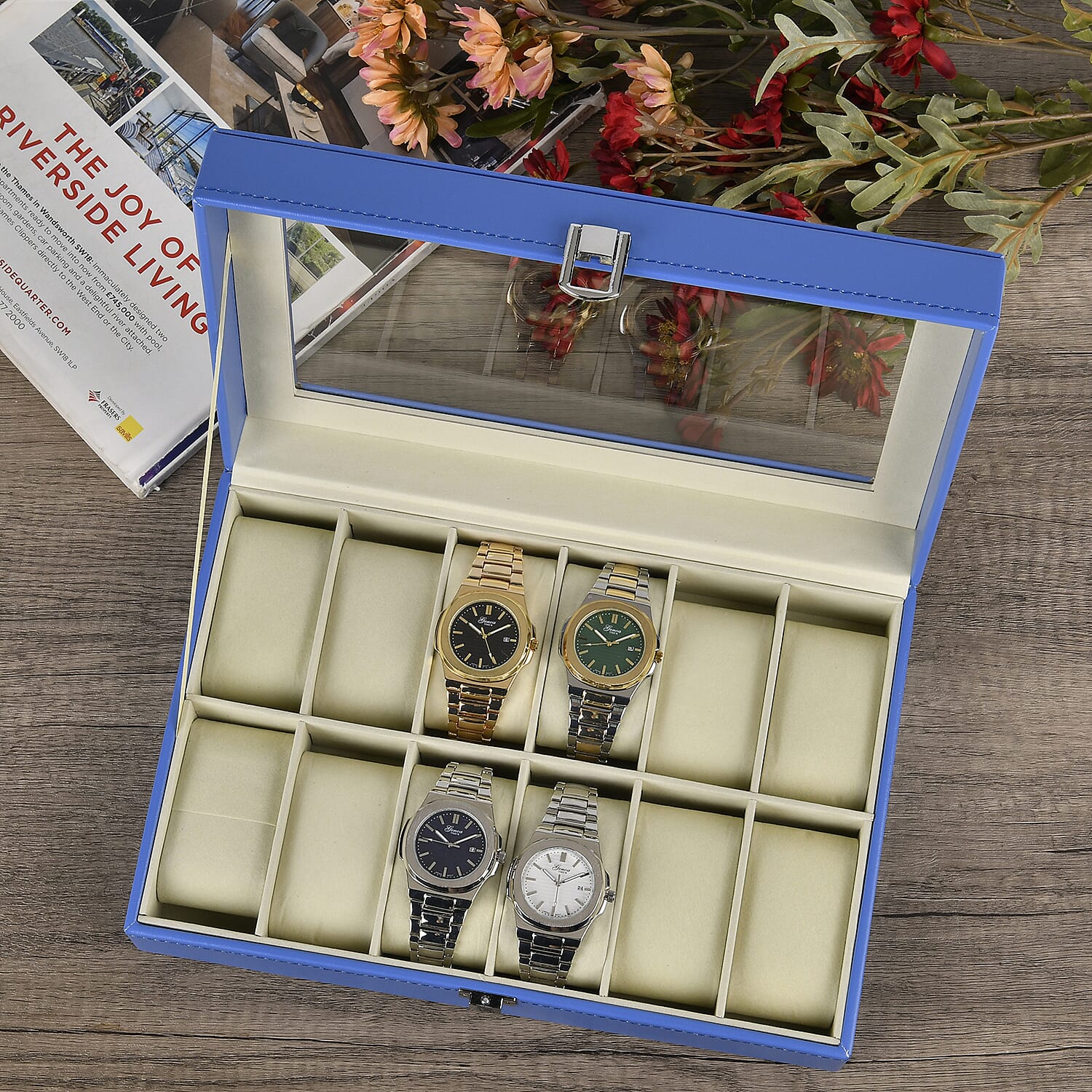 Luxury Watch Display Box With 12 Velvet Watch Cushions With Tansparent Window - Blue