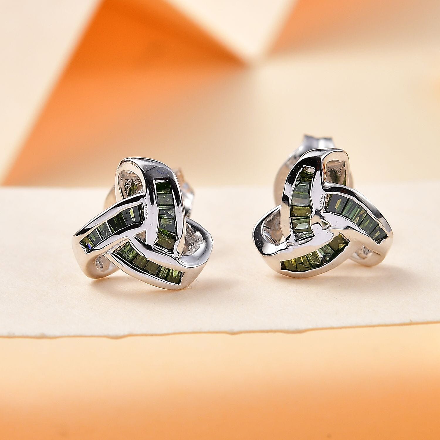 Back By Popular Demand  - Green Diamond  Fancy Earring in Rhodium Overlay Sterling Silver