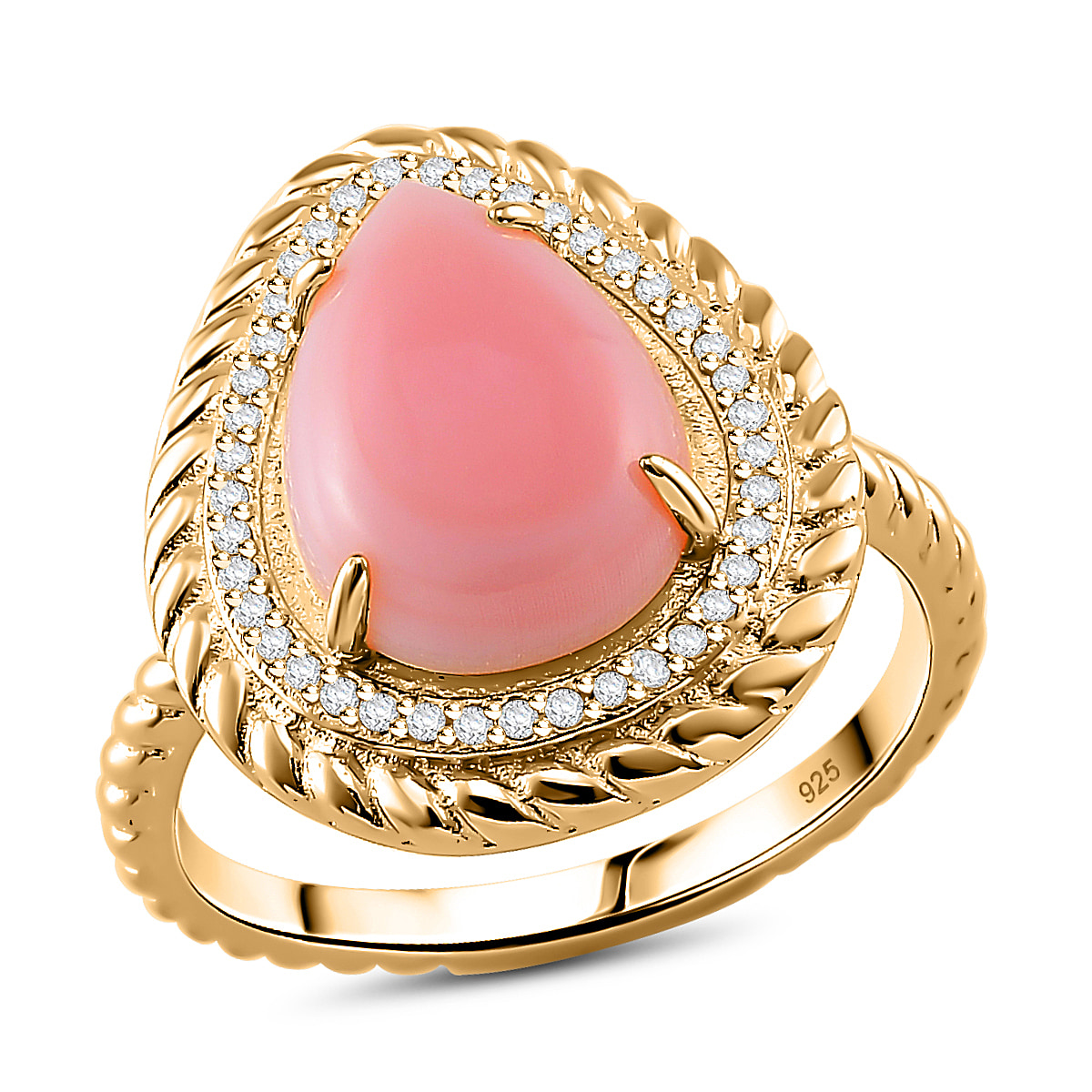 Pink Conch Shell, White Zircon Ring in 18K Yellow Gold Vermeil Plated Sterling Silver, Silver Wt. 5 Gms 6.650 Ct.