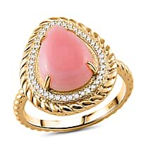 Pink Conch Shell, White Zircon Ring in 18K Yellow Gold Vermeil Plated Sterling Silver, Silver Wt. 5 Gms 6.650 Ct.