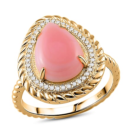 Pink Conch Shell, White Zircon Ring in 18K Yellow Gold Vermeil Plated Sterling Silver, Silver Wt. 5 Gms 6.650 Ct.