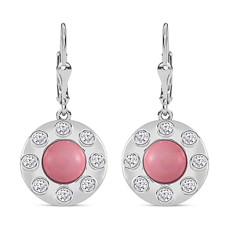 Pink Conch Shell, White Zircon Lever Back Earrings in Rhodium Overlay Sterling Silver, Silver Wt. 5 Gms 4.640 Ct.