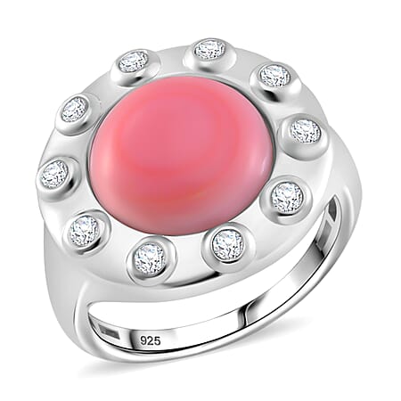 Pink Conch Shell, White Zircon Ring in Rhodium Overlay Sterling Silver, Silver Wt. 5.7 Gms 6.650 Ct.