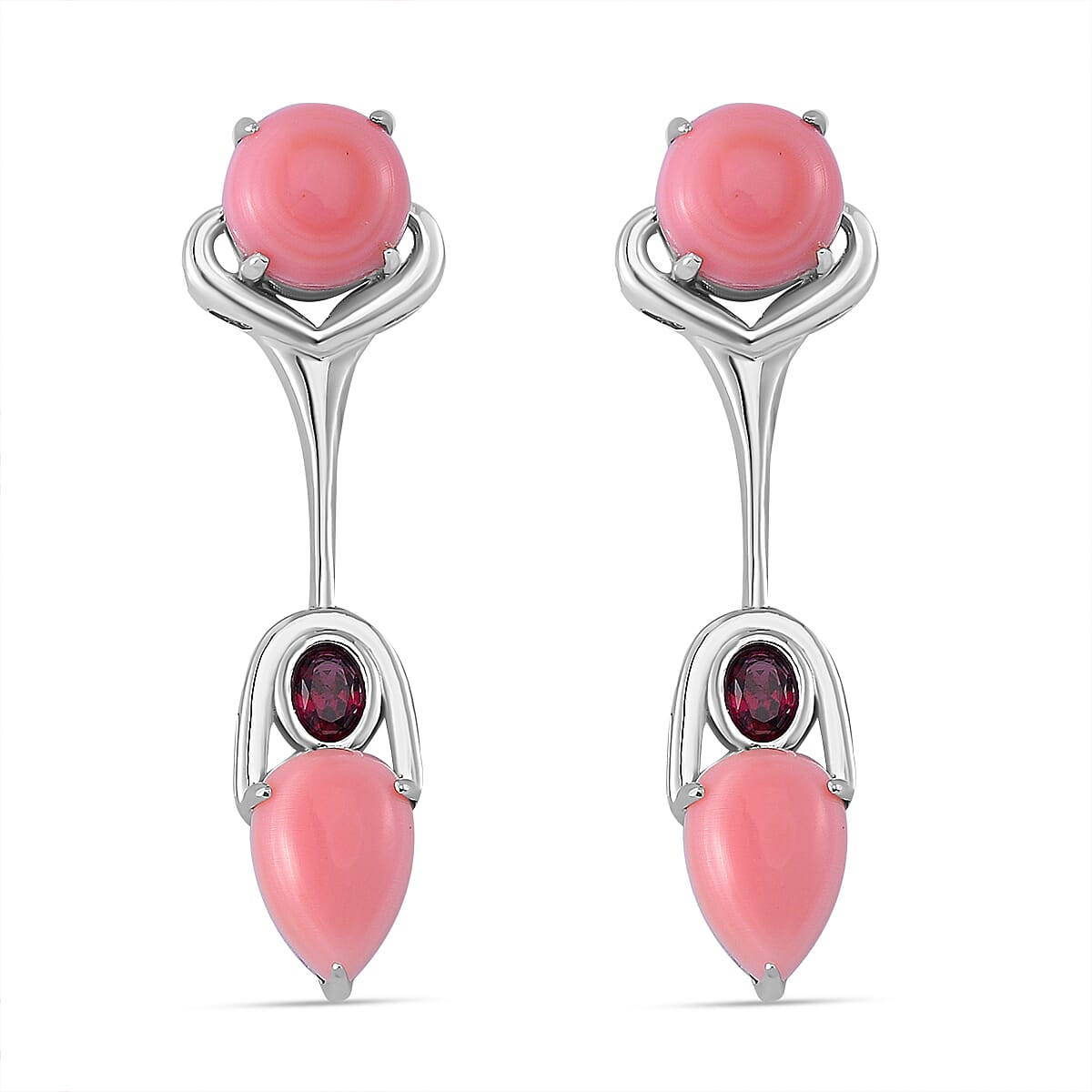 Queen Conch Shell, Rhodolite Garnet Solitaire Stud Push Post Earring in Rhodium Overlay Sterling Silver 9.36 Ct.