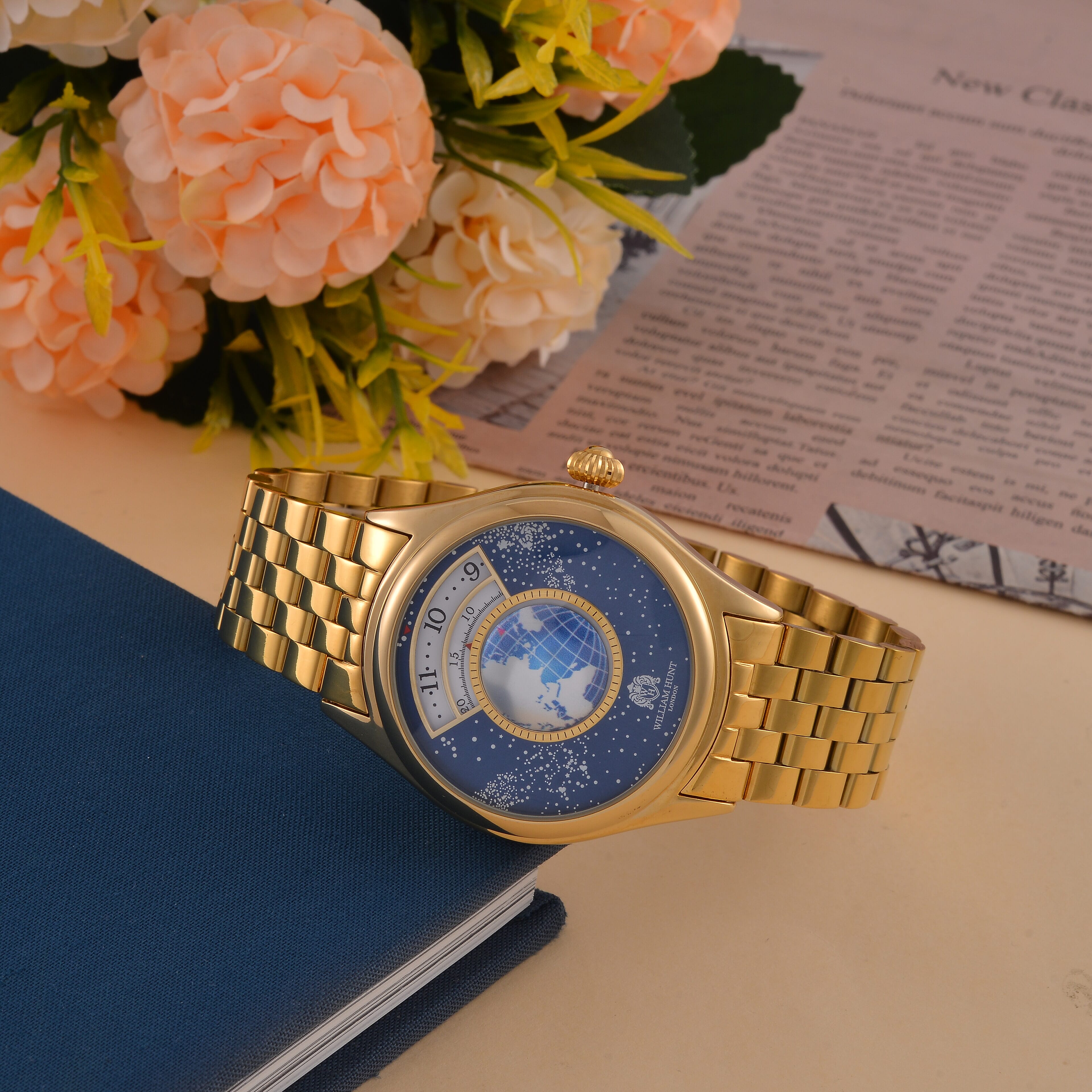 William Hunt Limited Edition Constellation Automatic Watch With Rotating Globe Presented in a Gift Box - Gold