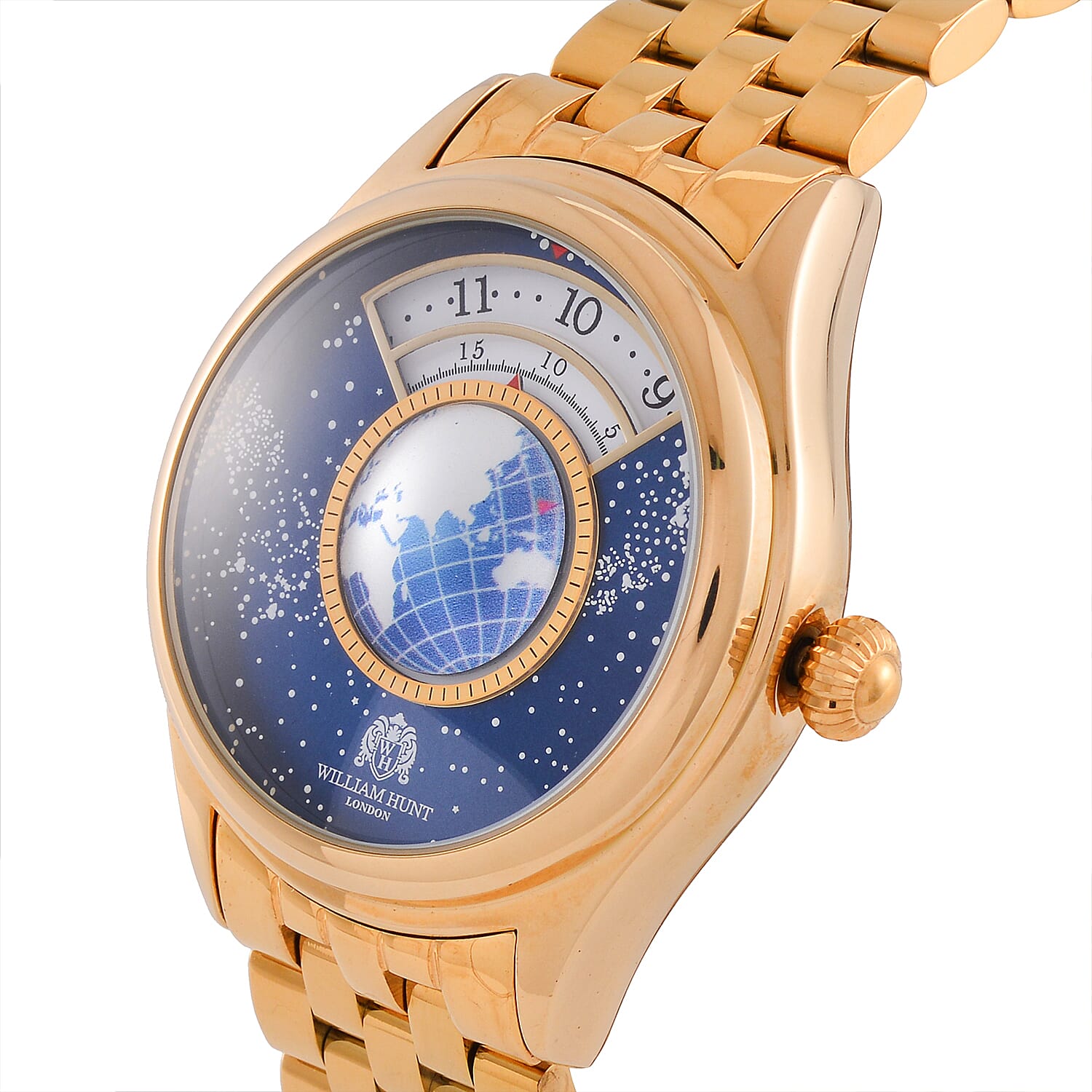 William Hunt Limited Edition Constellation Automatic Watch With Rotating Globe Presented in a Gift Box - Gold
