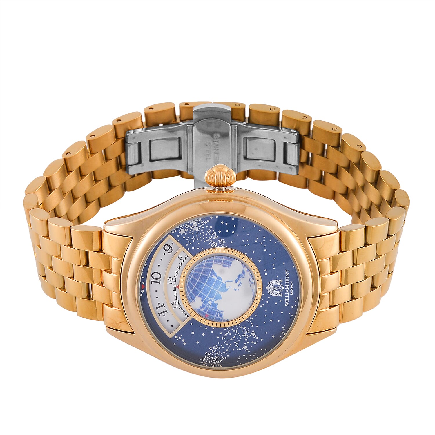 William Hunt Limited Edition Constellation Automatic Watch With Rotating Globe Presented in a Gift Box - Gold