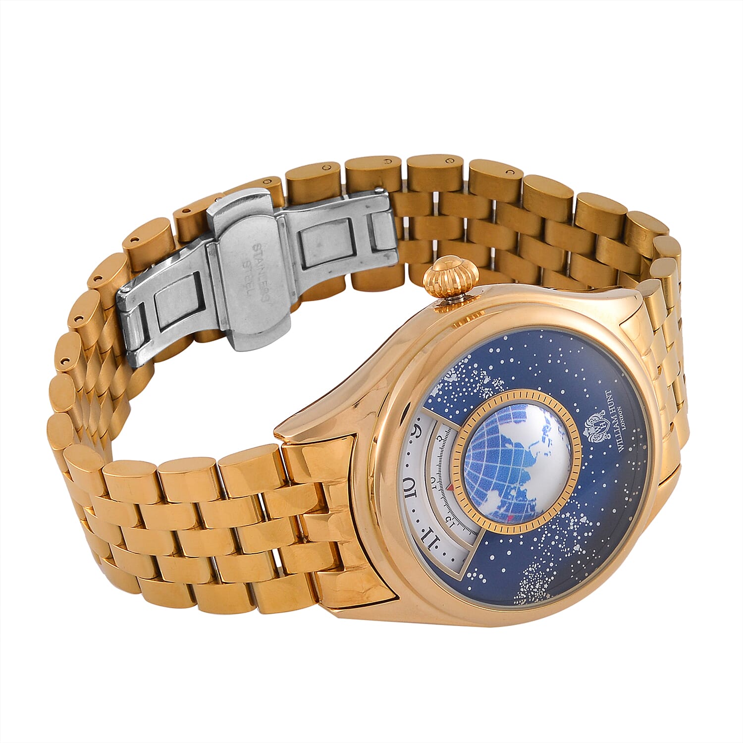 William Hunt Limited Edition Constellation Automatic Watch With Rotating Globe Presented in a Gift Box - Gold